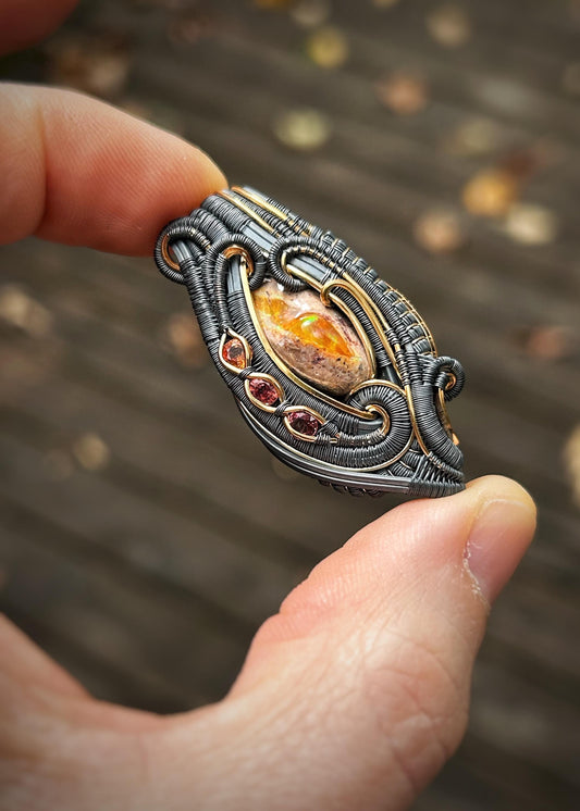 Autumnal Fire Opal Pendant // Multicolor Sapphires // Oxidized Silver // Mixed Metals // Goldfill // Festival Jewelry // Wrapped Pendant