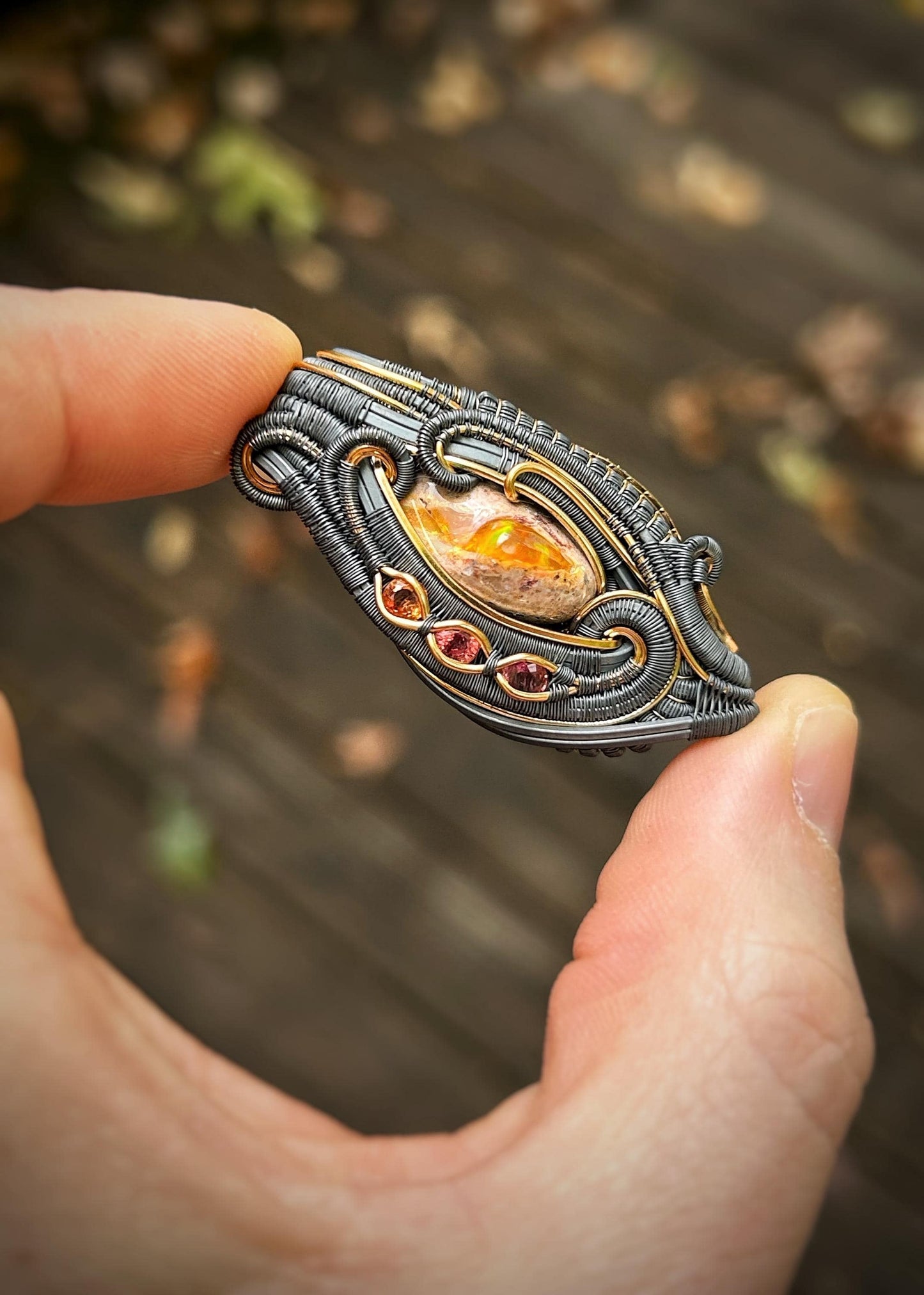 Autumnal Fire Opal Pendant // Multicolor Sapphires // Oxidized Silver // Mixed Metals // Goldfill // Festival Jewelry // Wrapped Pendant