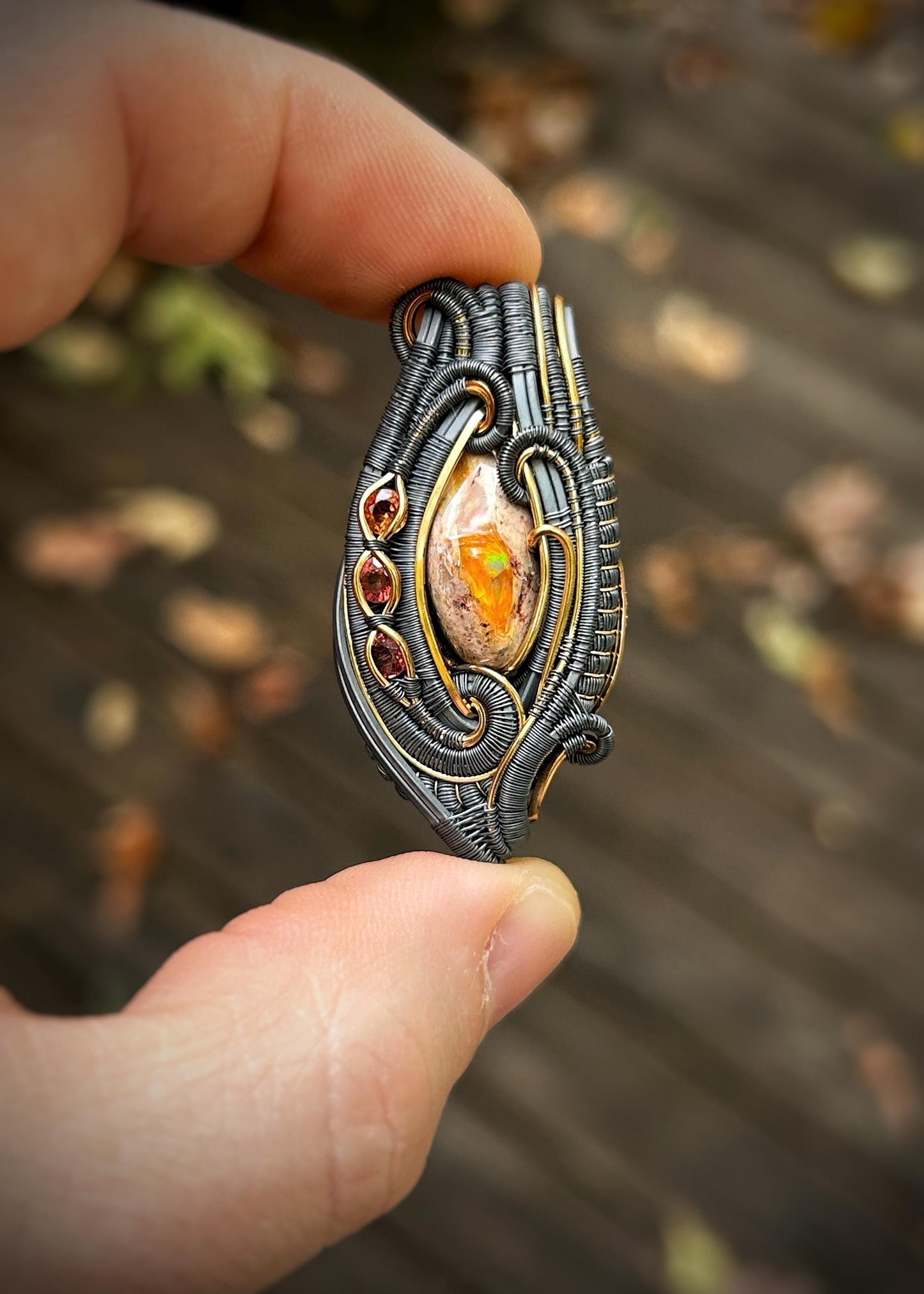 Autumnal Fire Opal Pendant // Multicolor Sapphires // Oxidized Silver // Mixed Metals // Goldfill // Festival Jewelry // Wrapped Pendant
