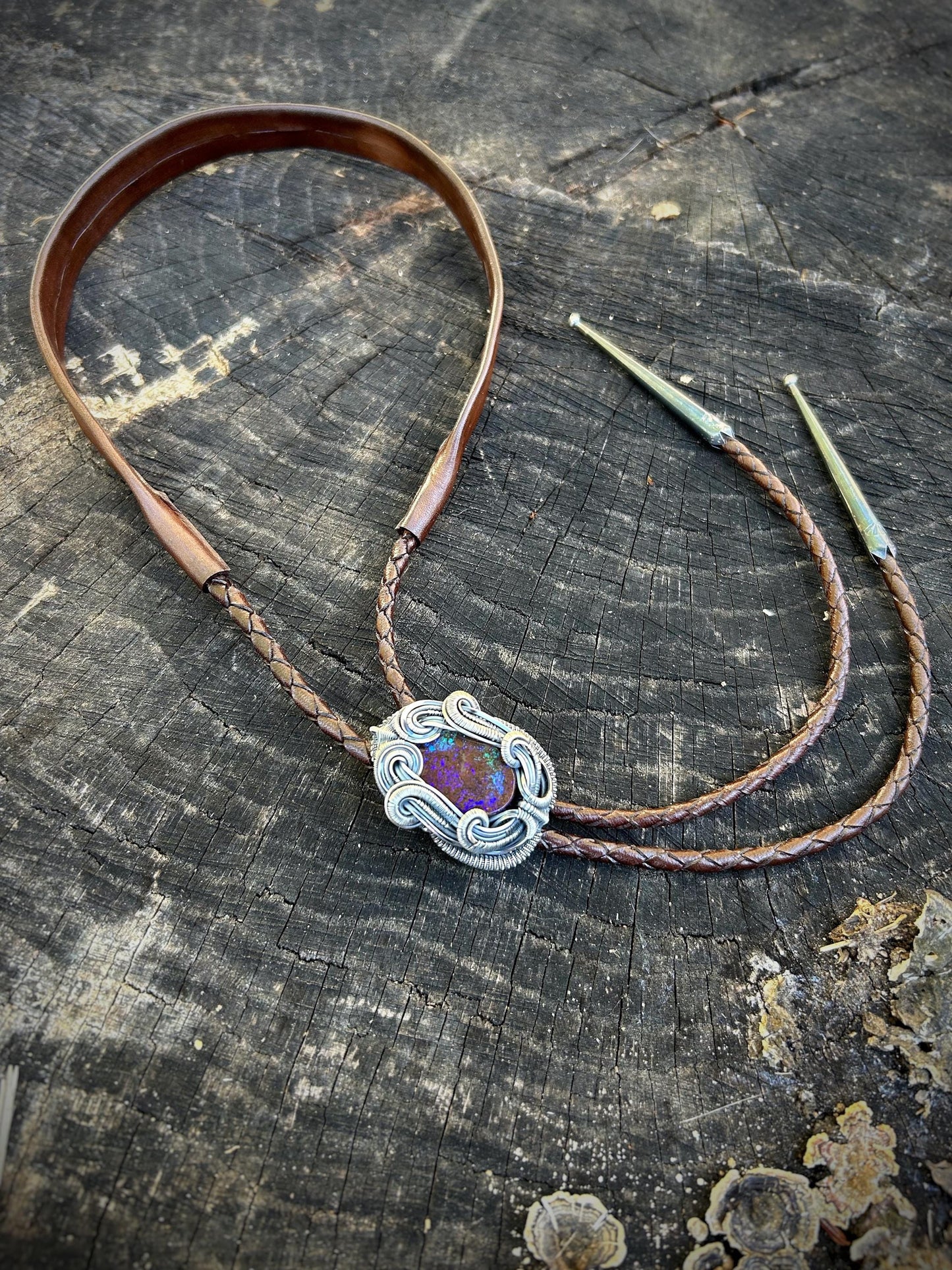 Aussie Opal Bolo Tie // Boulder Opal // Purple/Teal Flash // Dark Brown Leather Cord // Oxidized Sterling Silver // One of a Kind / Handmade