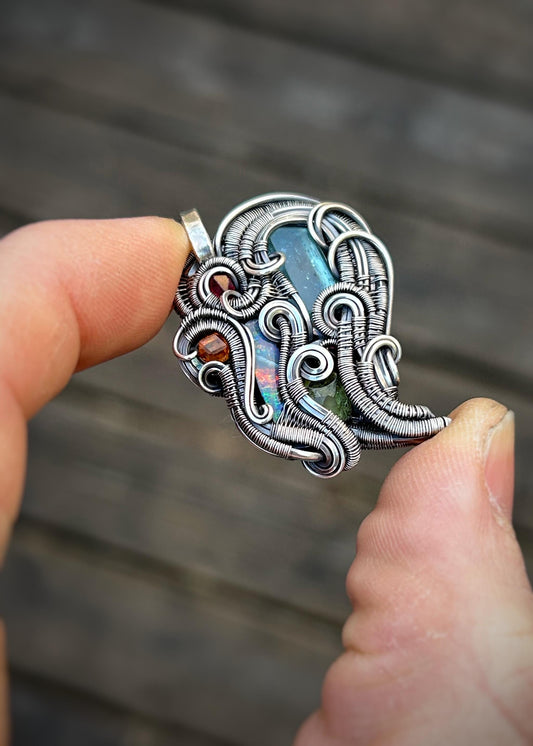 Whimsical Colorful Pendant // Wire Wrapped Jewelry // Oxidized Silver // Festival // Gems // Aqua / Garnet / Opal / Spinel // Handmade Art