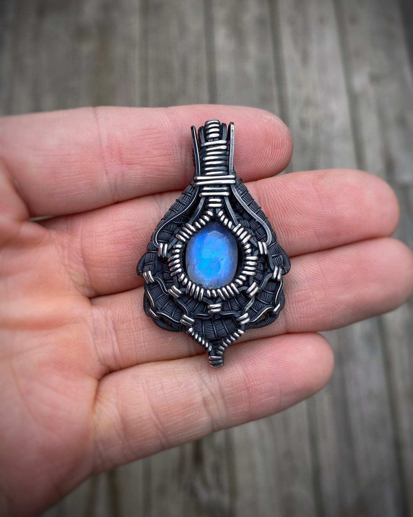 Moonstone // Moondala // Symmetrical // Oxidized Silver // Festival Jewelry // Wire Wrap // Handmade // Elegant // One of a Kind