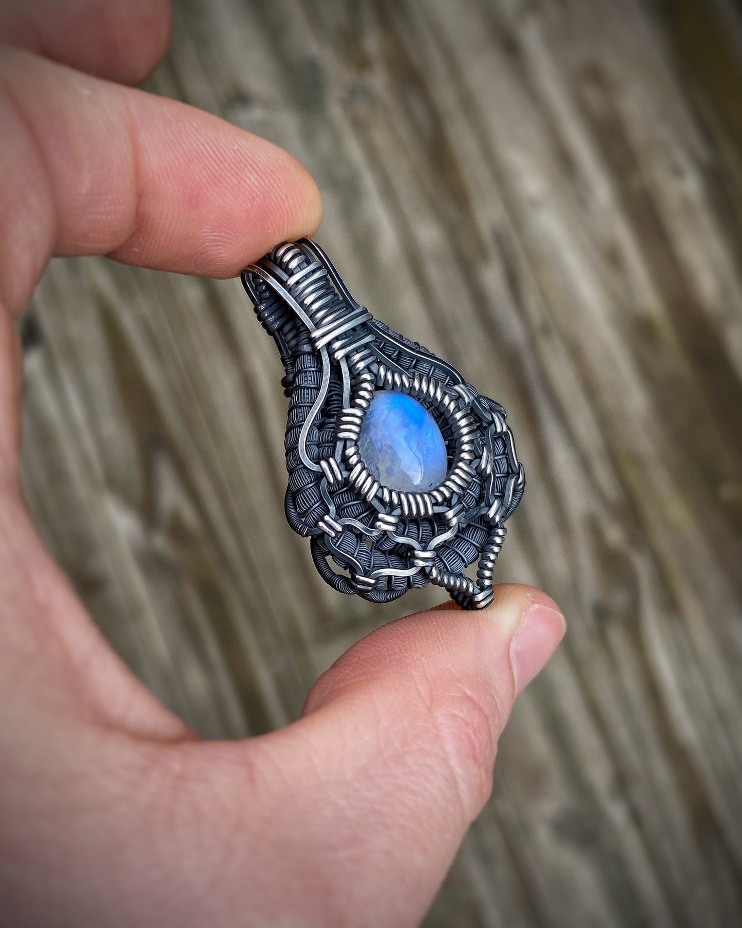 Moonstone // Moondala // Symmetrical // Oxidized Silver // Festival Jewelry // Wire Wrap // Handmade // Elegant // One of a Kind