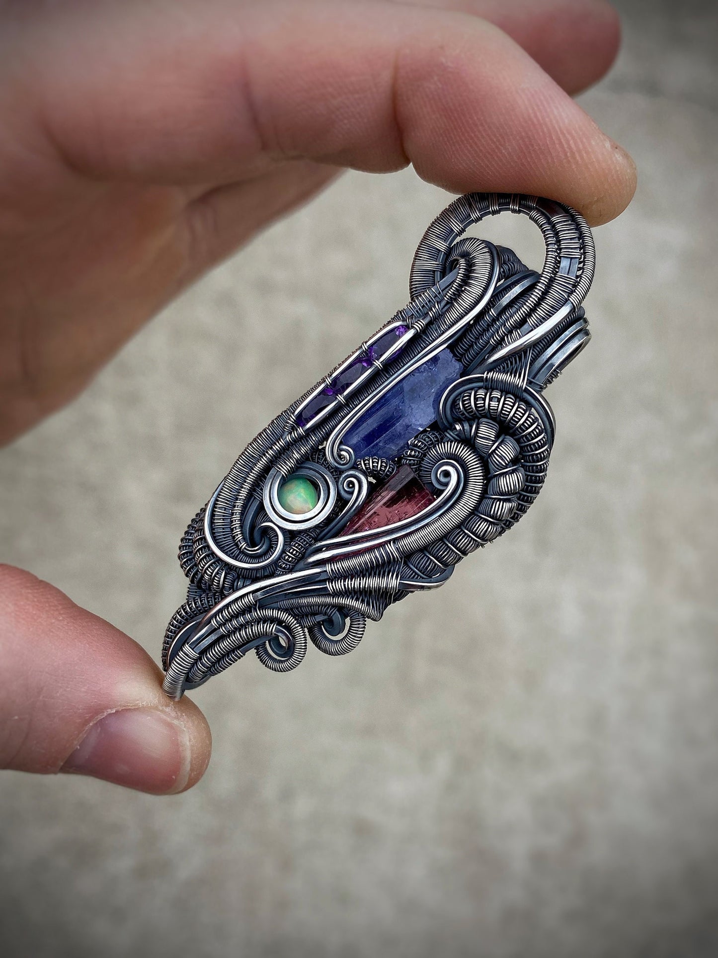 Purples // Wire Wrapped Pendant // Festival Jewelry // Wire Flow // Handmade // Sterling Silver // Tanzanite // Amethyst // Opal / Rubellite