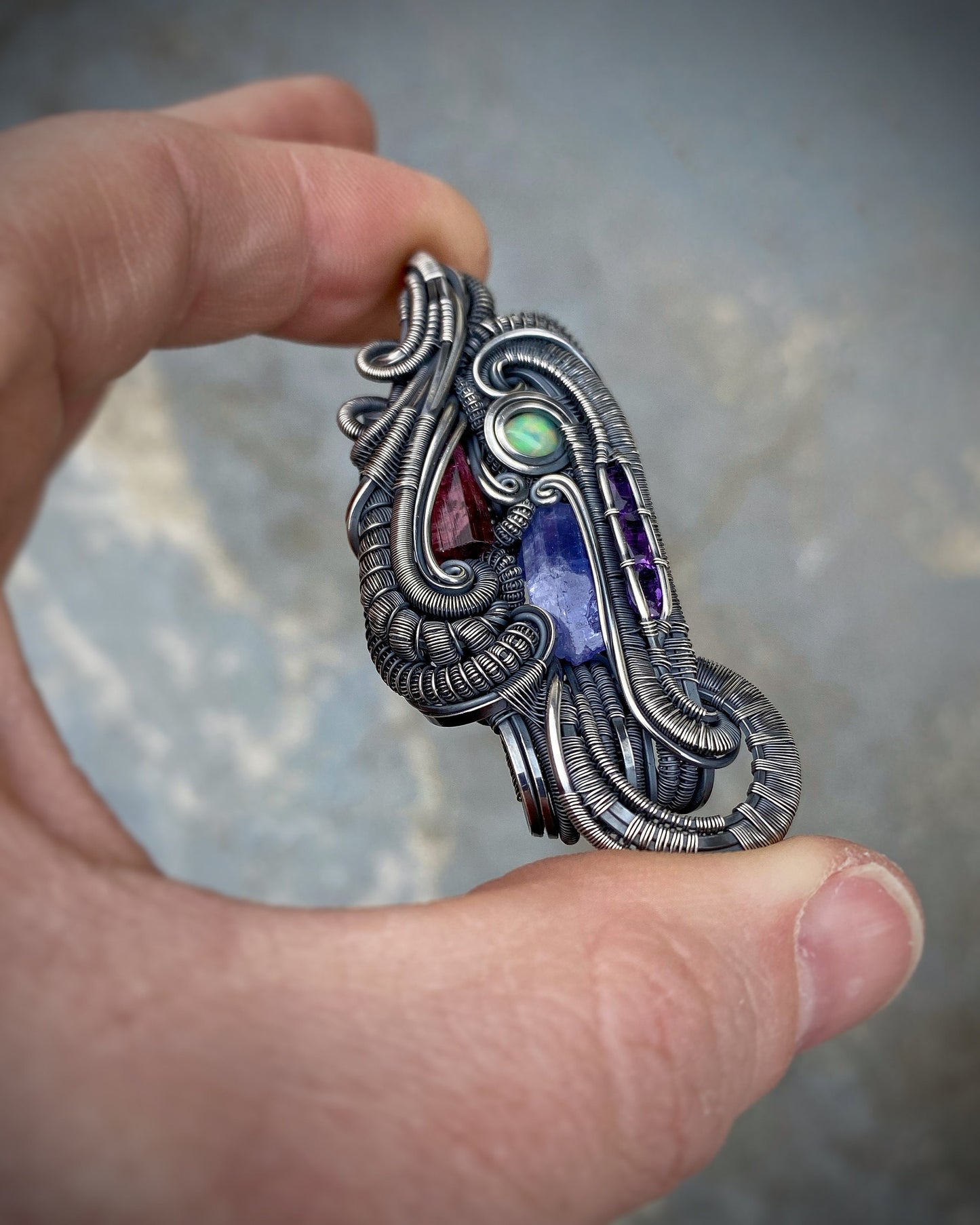 Purples // Wire Wrapped Pendant // Festival Jewelry // Wire Flow // Handmade // Sterling Silver // Tanzanite // Amethyst // Opal / Rubellite