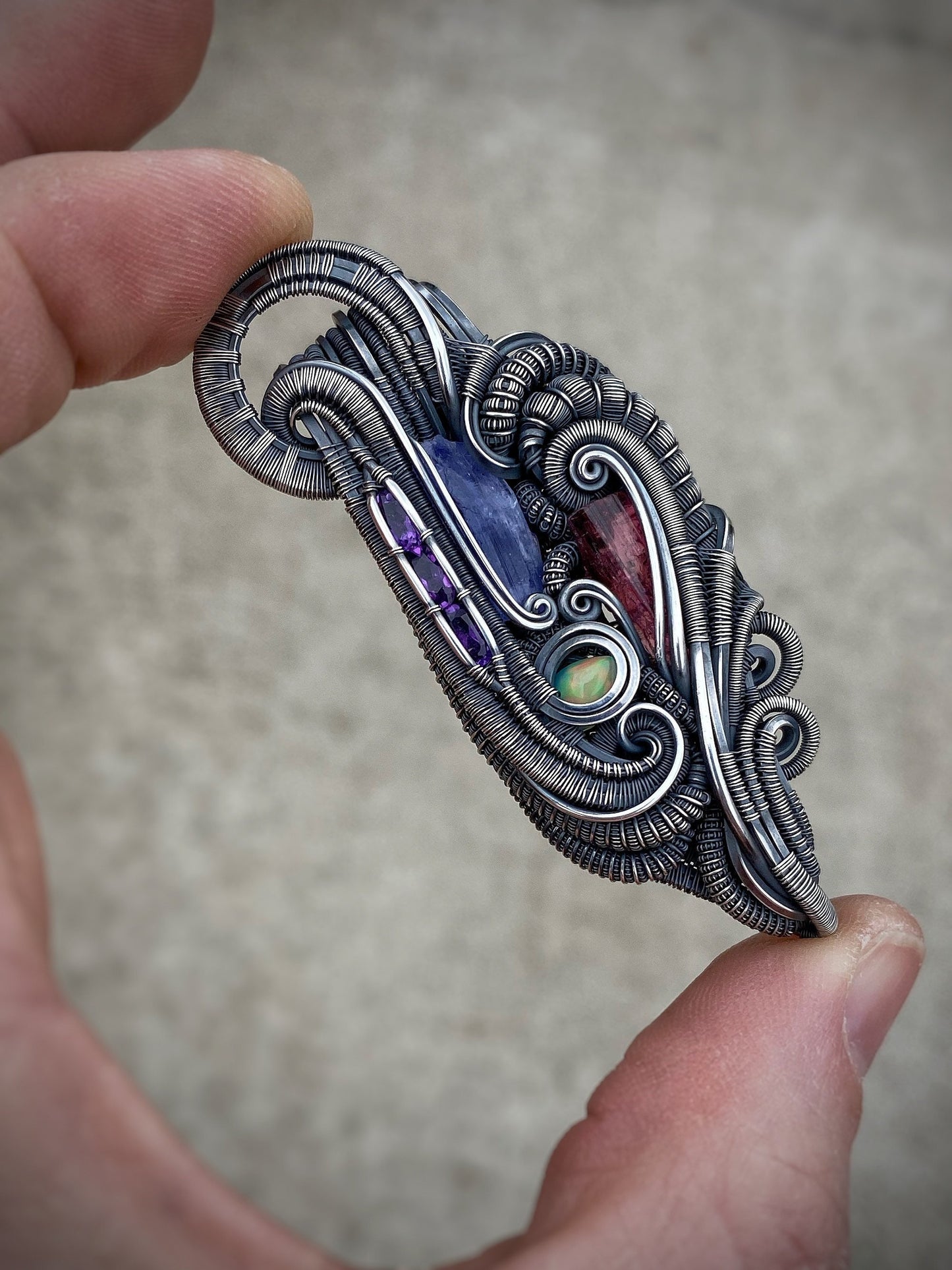 Purples // Wire Wrapped Pendant // Festival Jewelry // Wire Flow // Handmade // Sterling Silver // Tanzanite // Amethyst // Opal / Rubellite