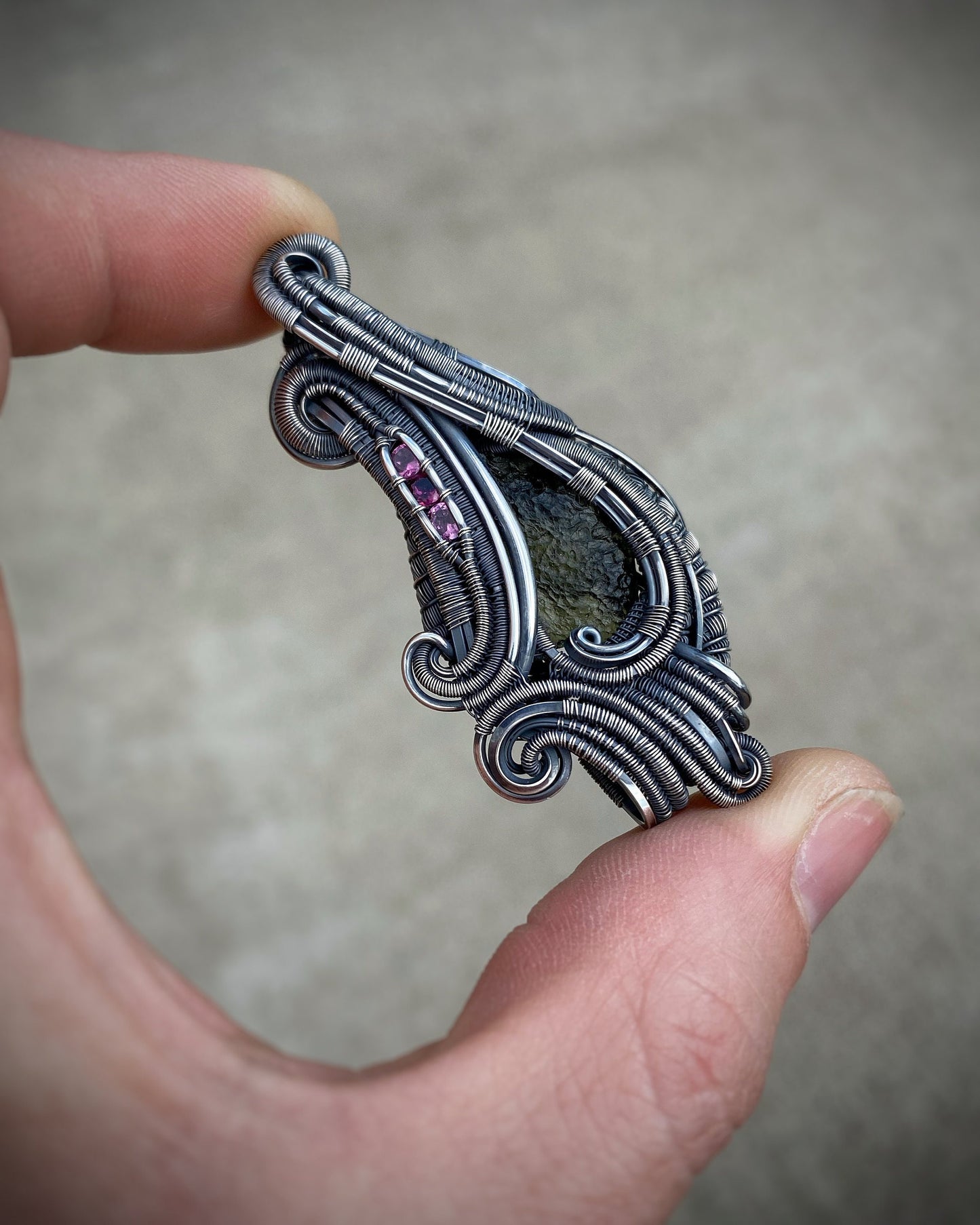 Whimsical Moldavite Pendant // Wire Wrap // Rhodolite Garnets // Festival Jewelry // Oxidized Silver // Handmade Wire Art // Wire Flow