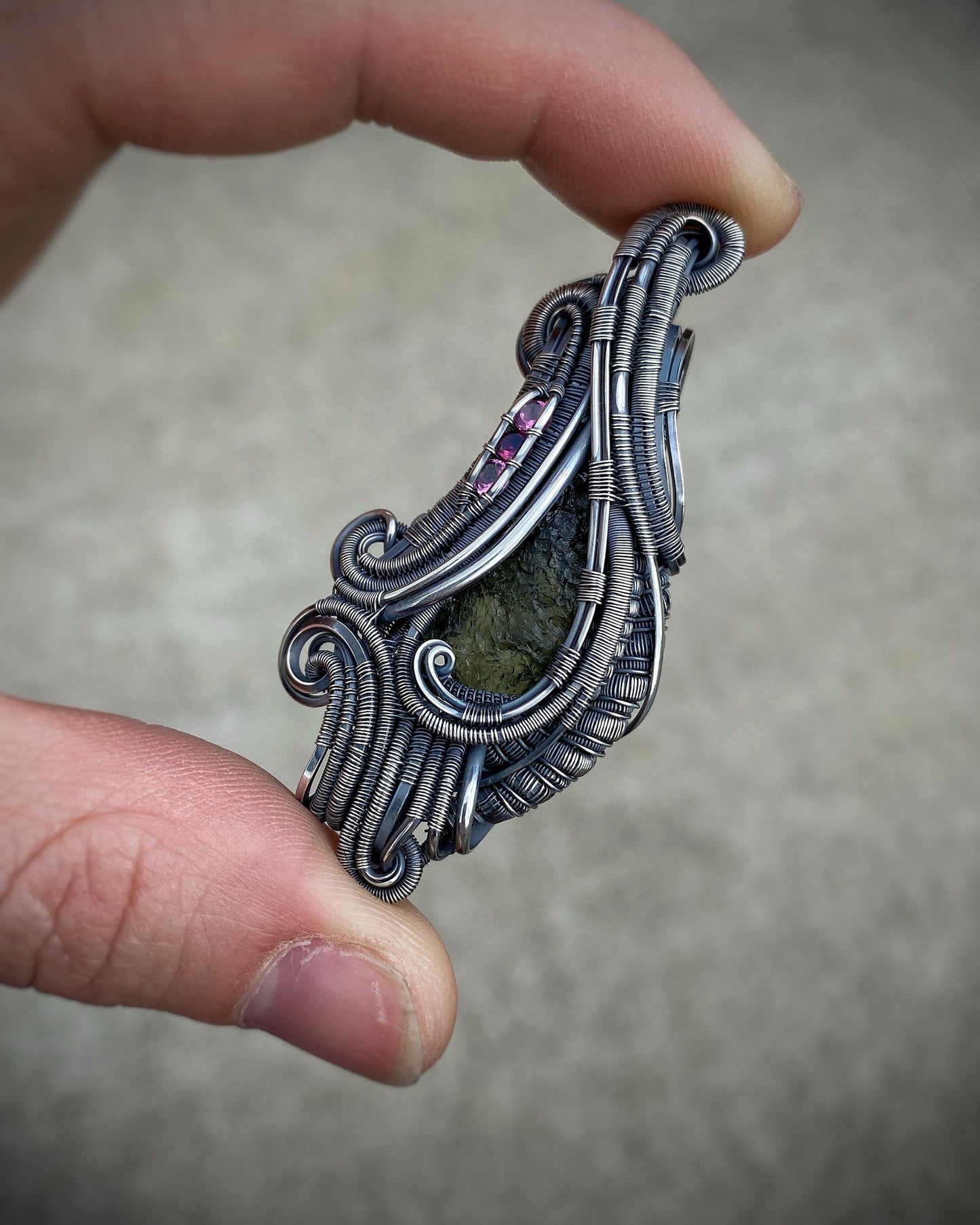 Whimsical Moldavite Pendant // Wire Wrap // Rhodolite Garnets // Festival Jewelry // Oxidized Silver // Handmade Wire Art // Wire Flow