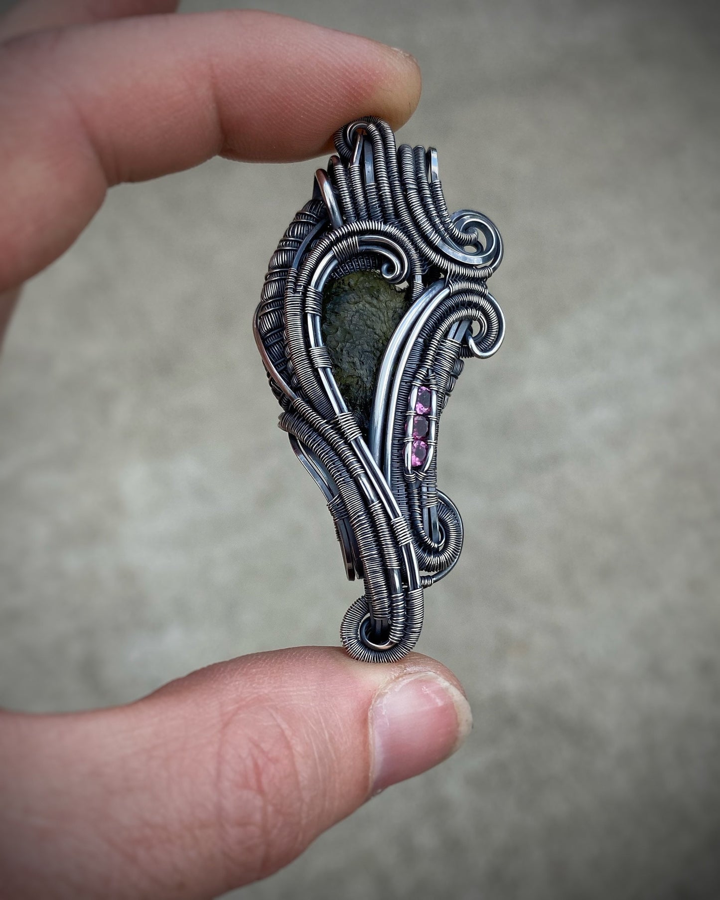 Whimsical Moldavite Pendant // Wire Wrap // Rhodolite Garnets // Festival Jewelry // Oxidized Silver // Handmade Wire Art // Wire Flow