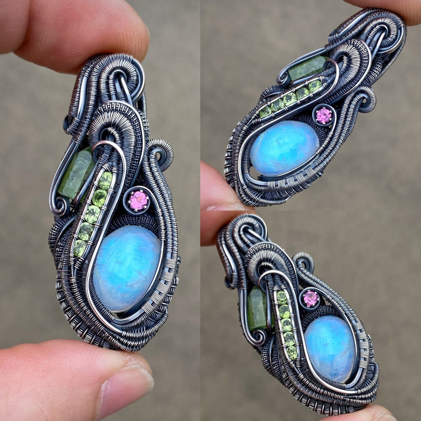 Moonstone // Peridot // Pink Tourmaline // Wire Wrap Pendant // Festival Jewelry // Sexy // Wire Flow // Handmade Art // Wearable