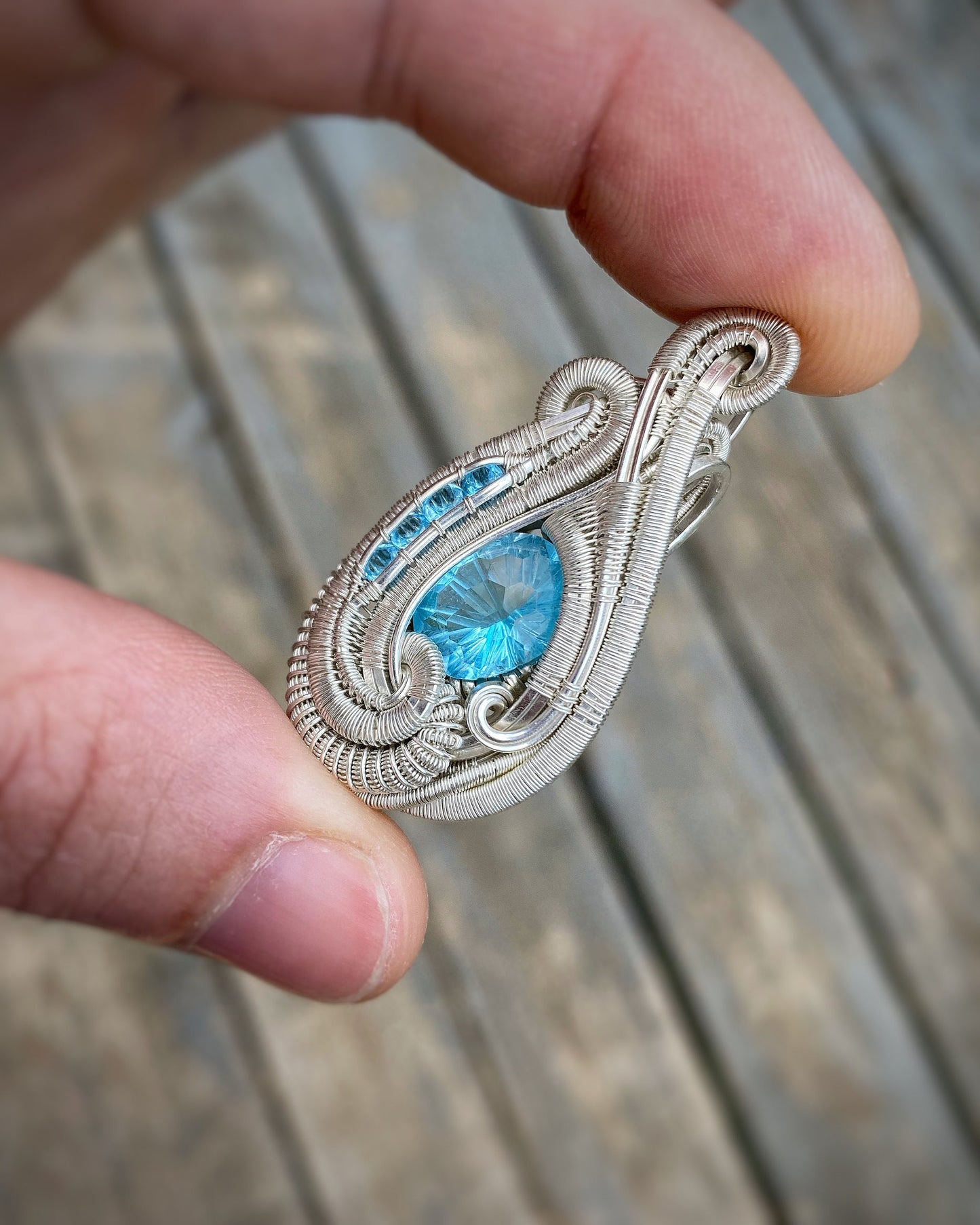 Swiss Blue Topaz // Baby Blue // Wire Wrap Pendant // Festival Jewelry // Sterling Silver // Water Droplet // Handmade // Wire Art