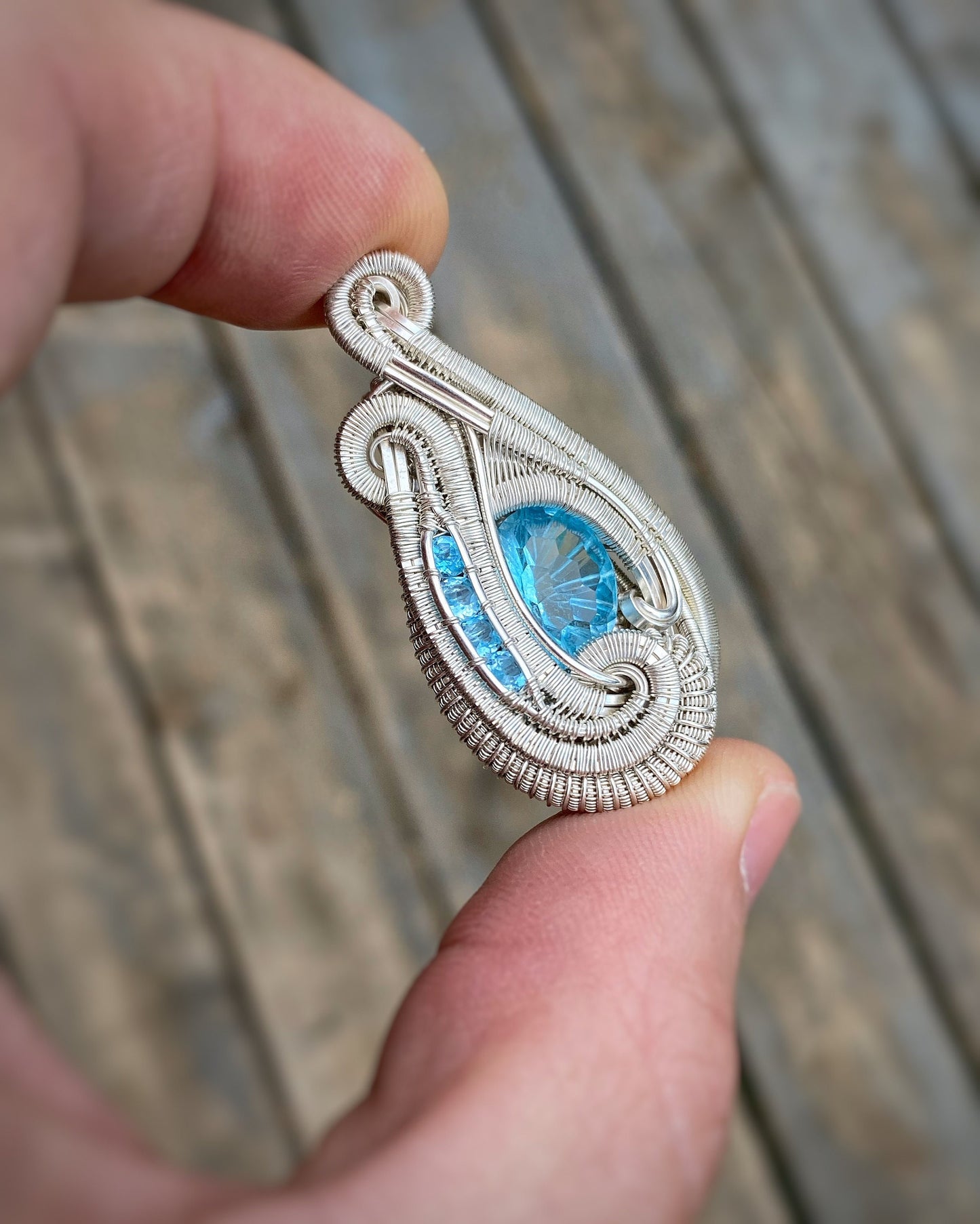 Swiss Blue Topaz // Baby Blue // Wire Wrap Pendant // Festival Jewelry // Sterling Silver // Water Droplet // Handmade // Wire Art