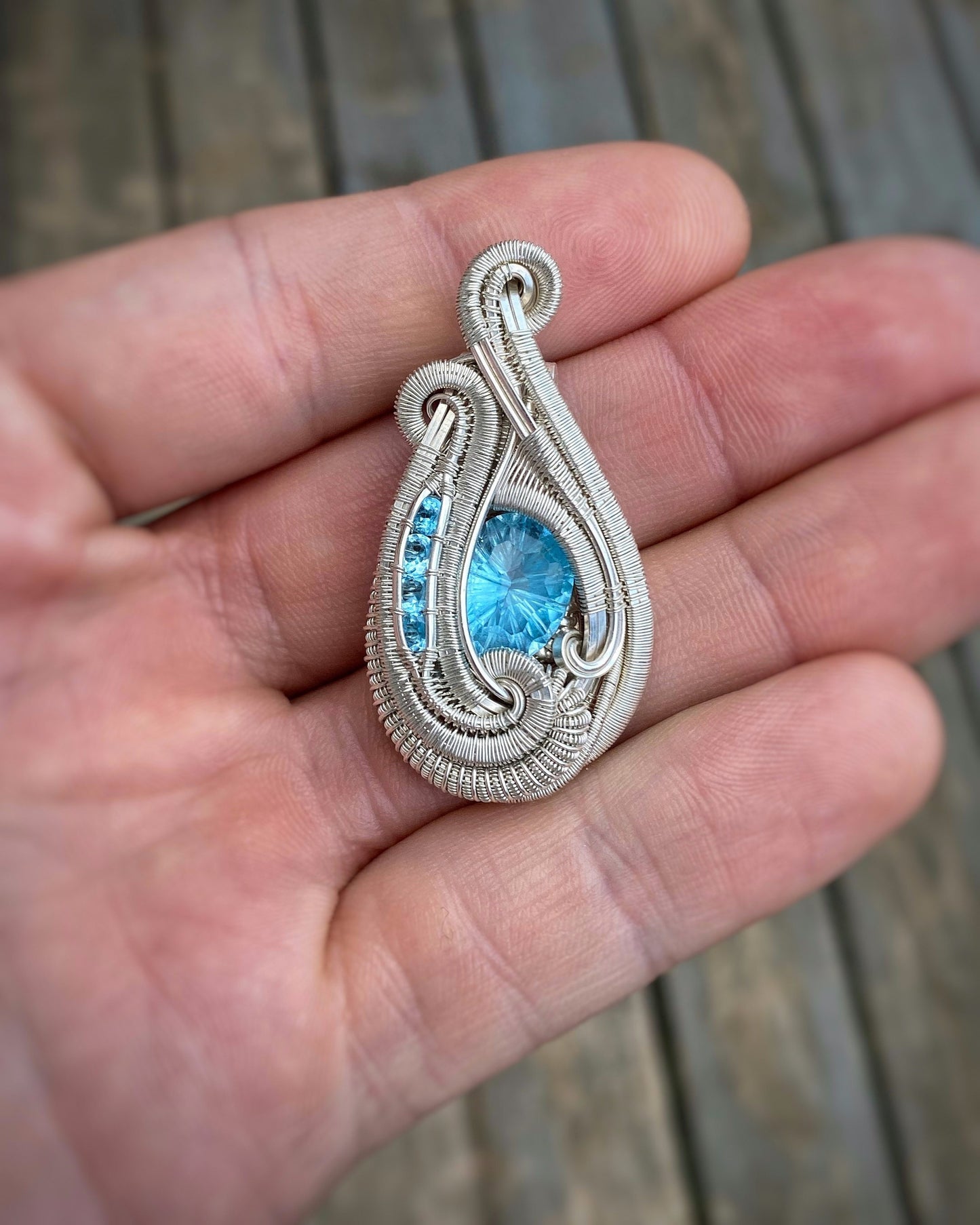 Swiss Blue Topaz // Baby Blue // Wire Wrap Pendant // Festival Jewelry // Sterling Silver // Water Droplet // Handmade // Wire Art