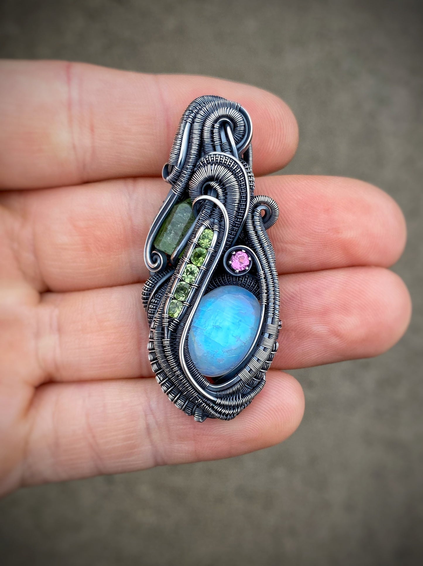 Moonstone // Peridot // Pink Tourmaline // Wire Wrap Pendant // Festival Jewelry // Sexy // Wire Flow // Handmade Art // Wearable