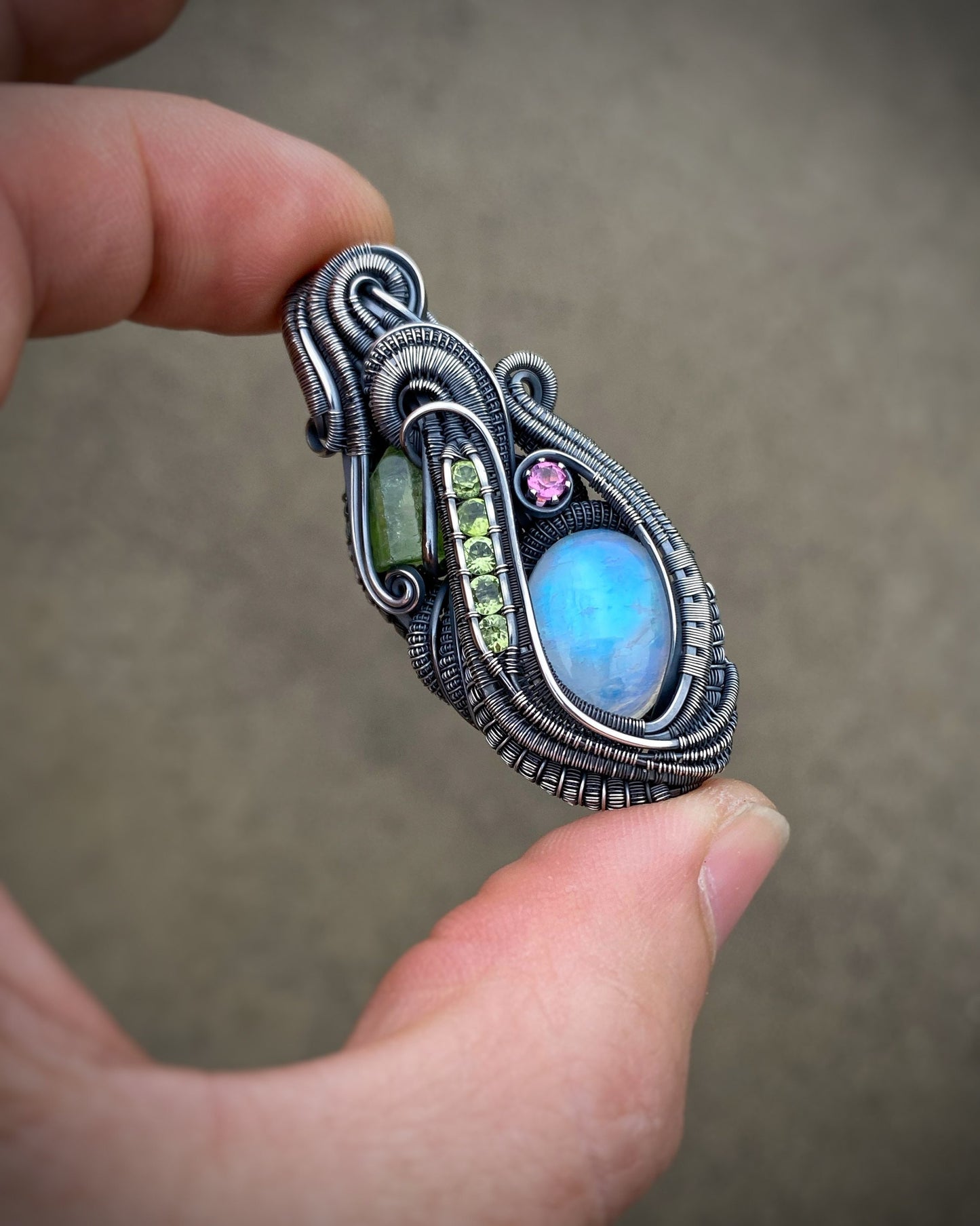 Moonstone // Peridot // Pink Tourmaline // Wire Wrap Pendant // Festival Jewelry // Sexy // Wire Flow // Handmade Art // Wearable