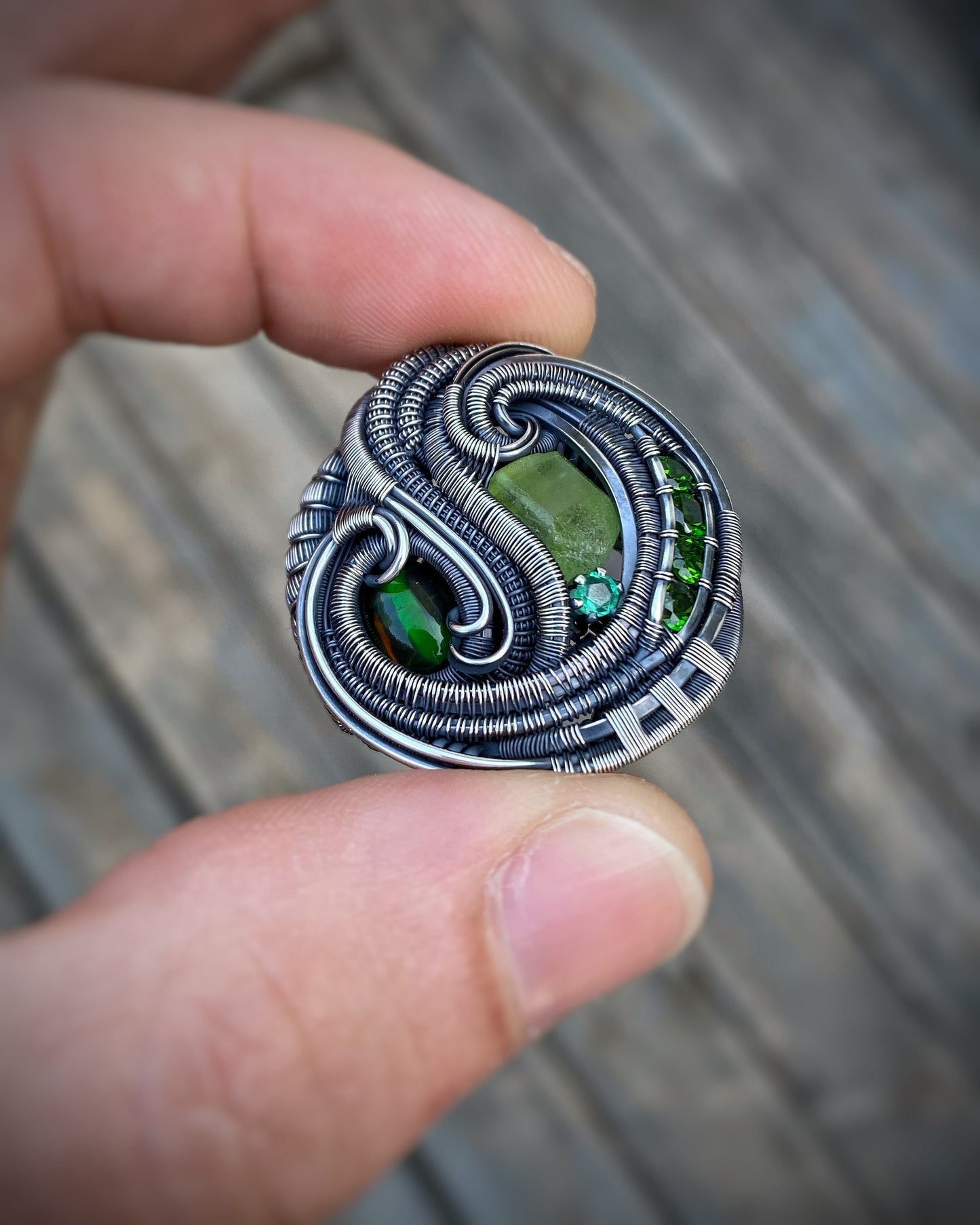 Circular Green Pendant // Wire Wrap // Emerald // Opal // Peridot // Oxidized Silver // Festival Jewelry // Organic // Wire Flow // Sexy