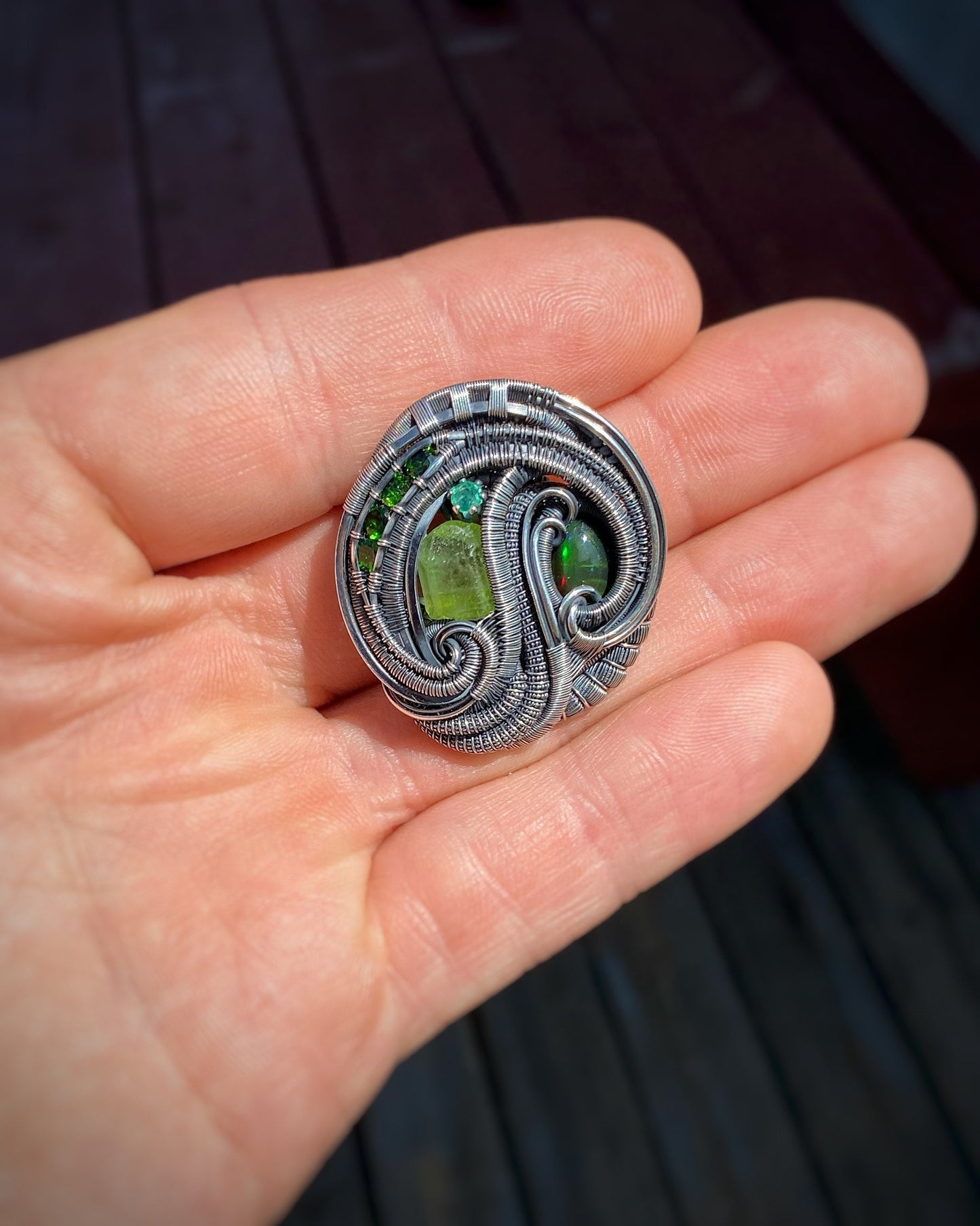 Circular Green Pendant // Wire Wrap // Emerald // Opal // Peridot // Oxidized Silver // Festival Jewelry // Organic // Wire Flow // Sexy