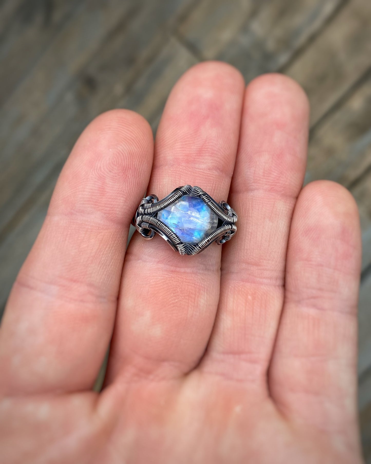 Moonstone Ring // Wire Wrapped Ring // Festival Jewelry // Oxidized Silver // Sexy // Size 6.5 // Elegant // Handmade // Sterling // Gem