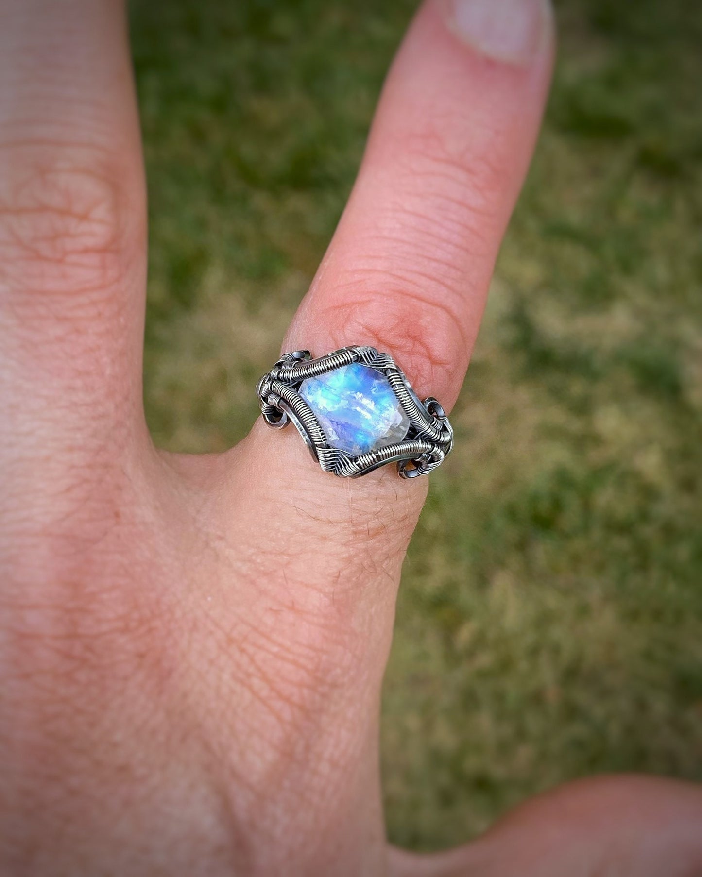 Moonstone Ring // Wire Wrapped Ring // Festival Jewelry // Oxidized Silver // Sexy // Size 6.5 // Elegant // Handmade // Sterling // Gem