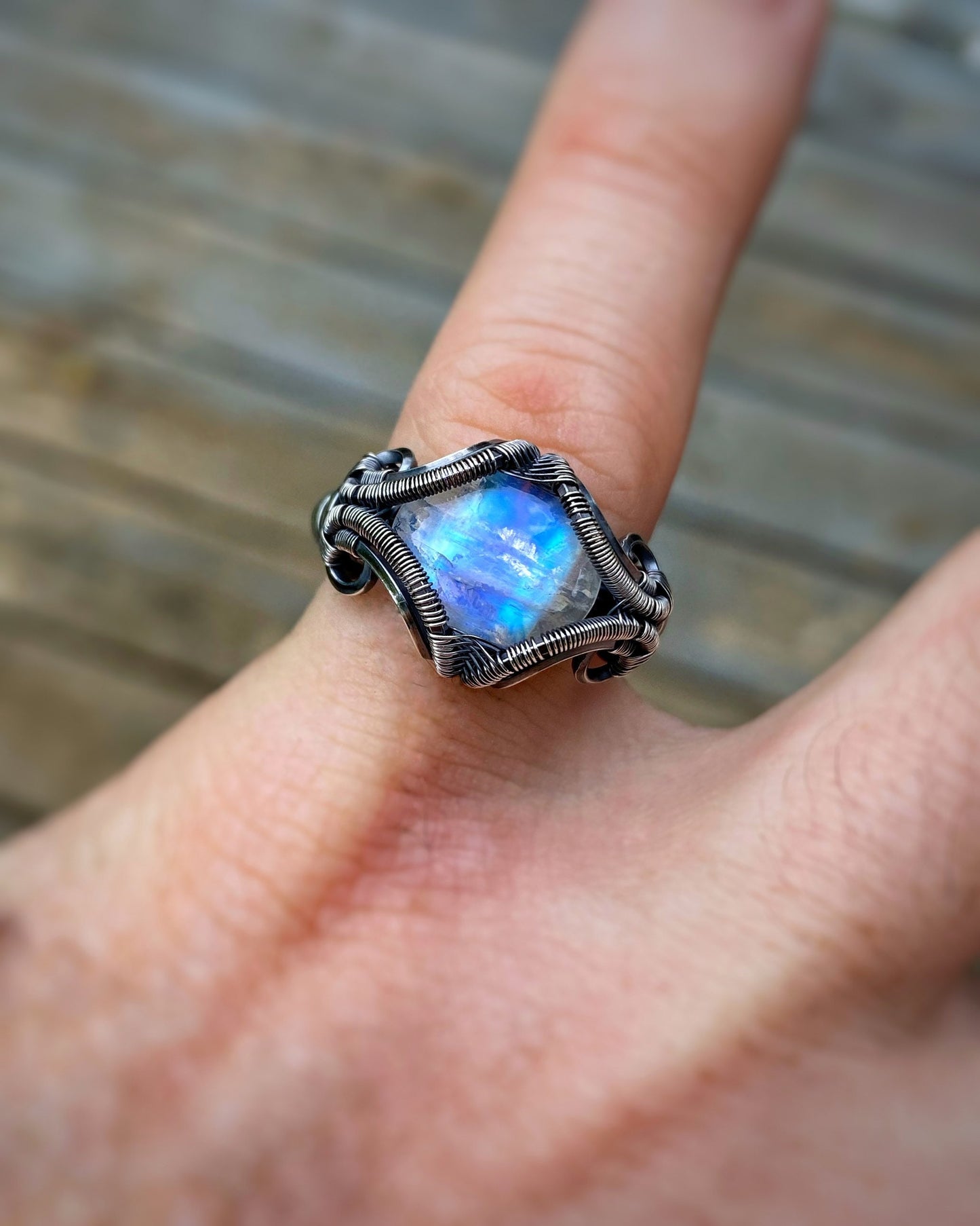 Moonstone Ring // Wire Wrapped Ring // Festival Jewelry // Oxidized Silver // Sexy // Size 6.5 // Elegant // Handmade // Sterling // Gem