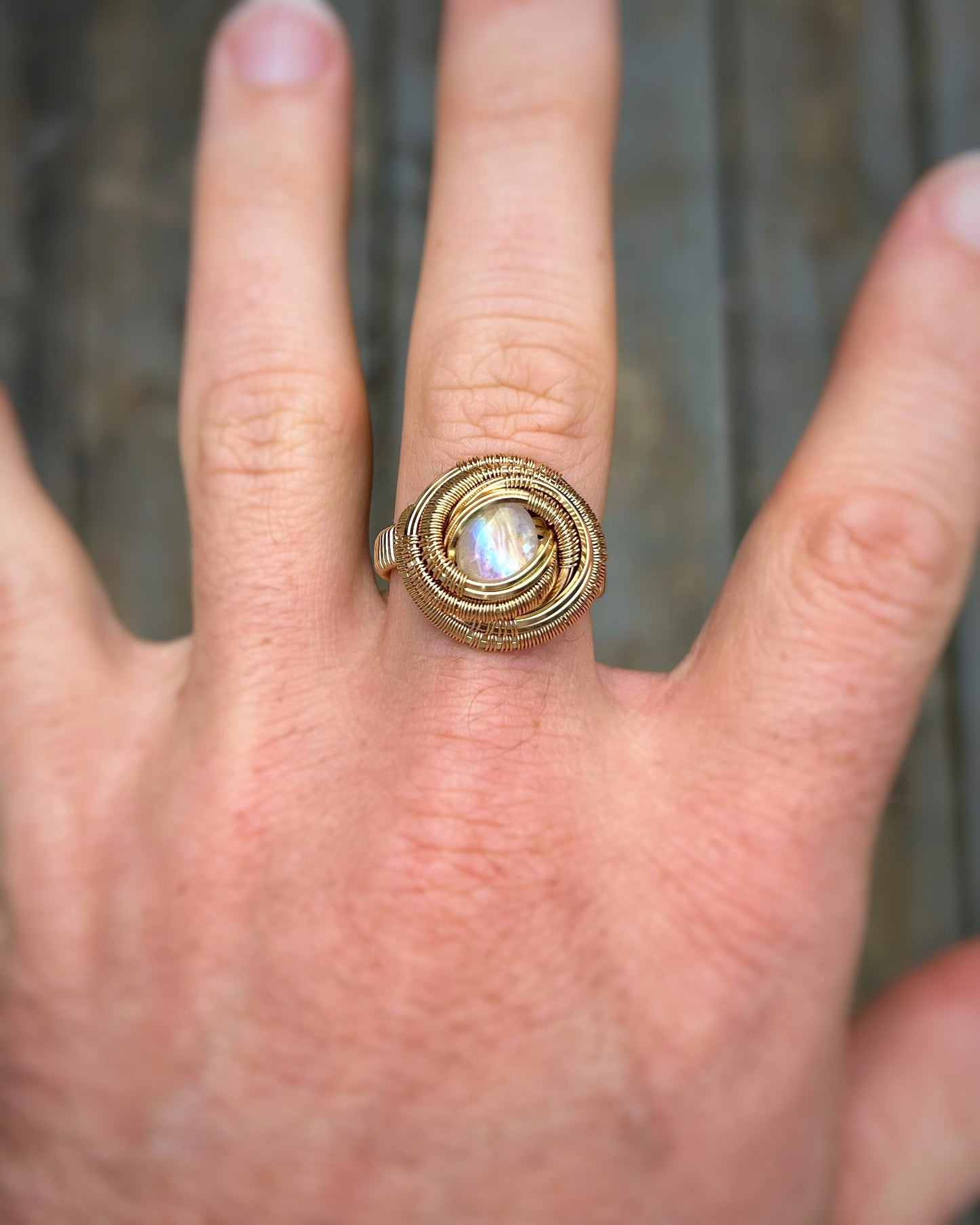 RAINBOW Moonstone // Wire Wrapped Ring // Size 9 // Gold Fill // Rainbowy // Festival Jewelry // Comfortable // Sexy // Handmade