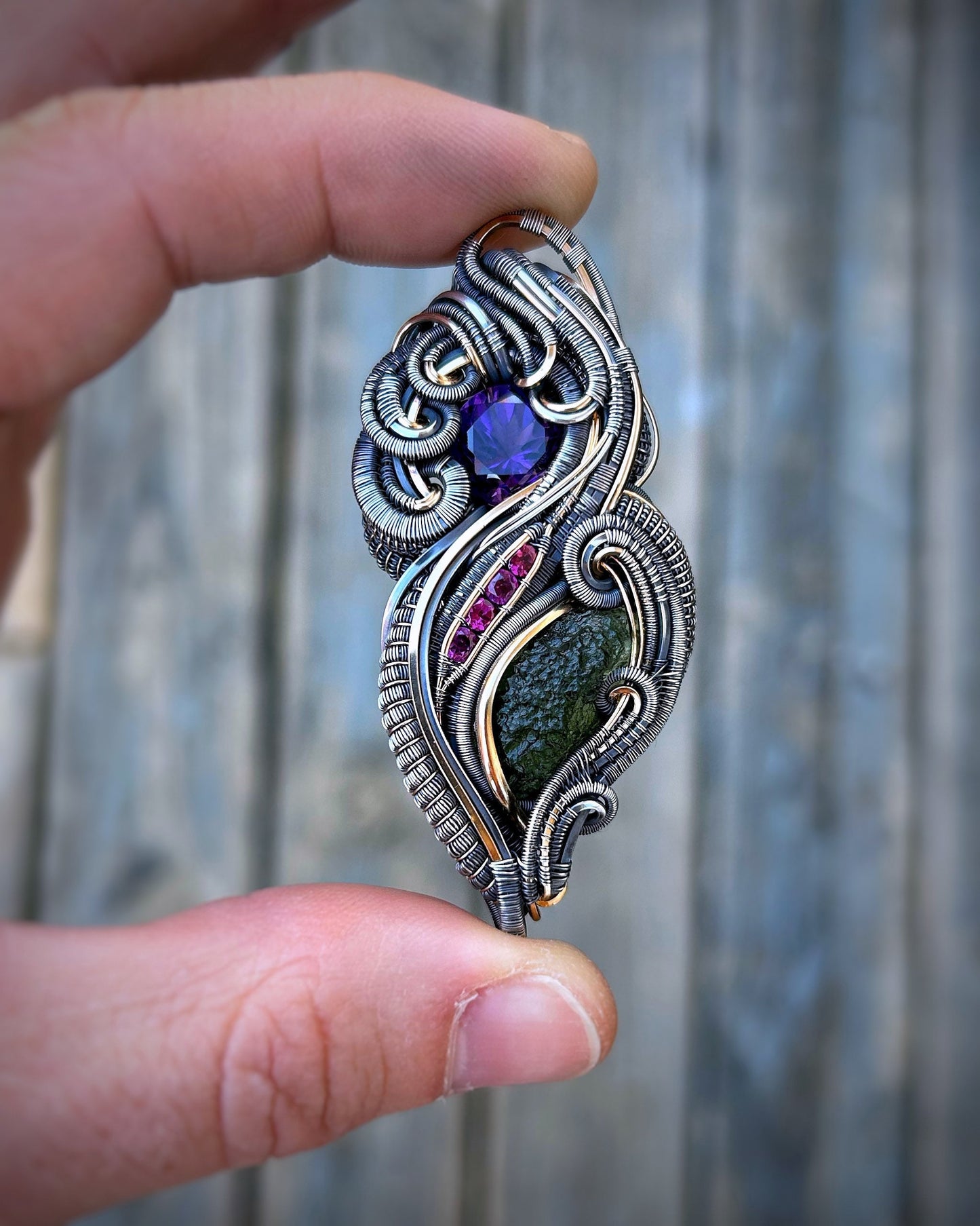 Moldavite // Amethyst // Garnet // Wire Wrapped Pendant // Festival Jewelry // Handmade // Organic Wire Flow // Oxidized Silver // Wire Art