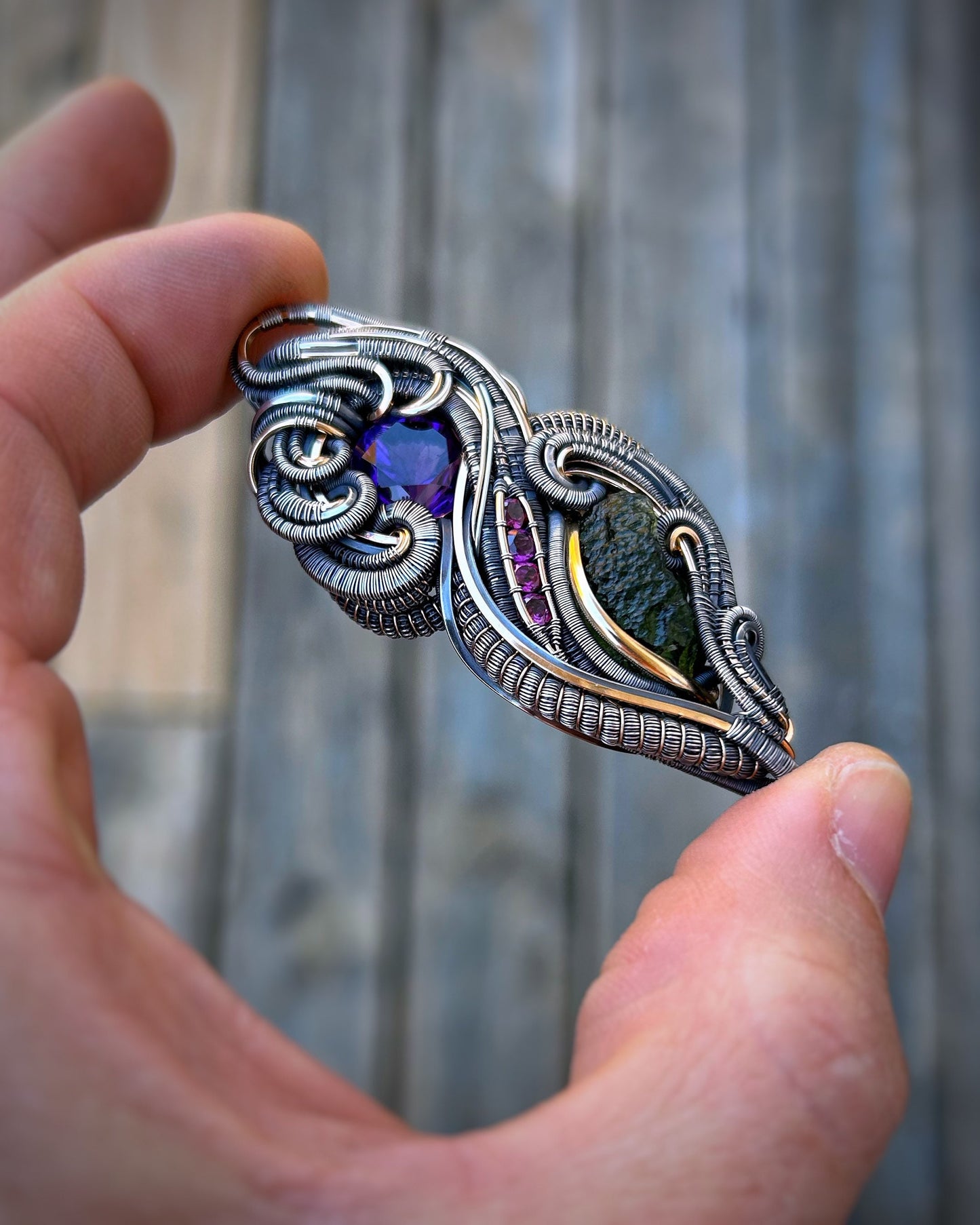 Moldavite // Amethyst // Garnet // Wire Wrapped Pendant // Festival Jewelry // Handmade // Organic Wire Flow // Oxidized Silver // Wire Art