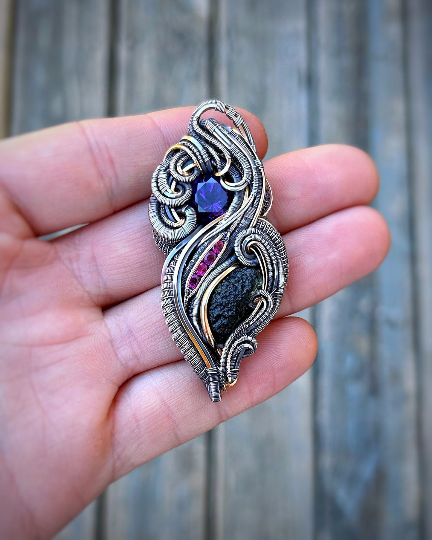 Moldavite // Amethyst // Garnet // Wire Wrapped Pendant // Festival Jewelry // Handmade // Organic Wire Flow // Oxidized Silver // Wire Art