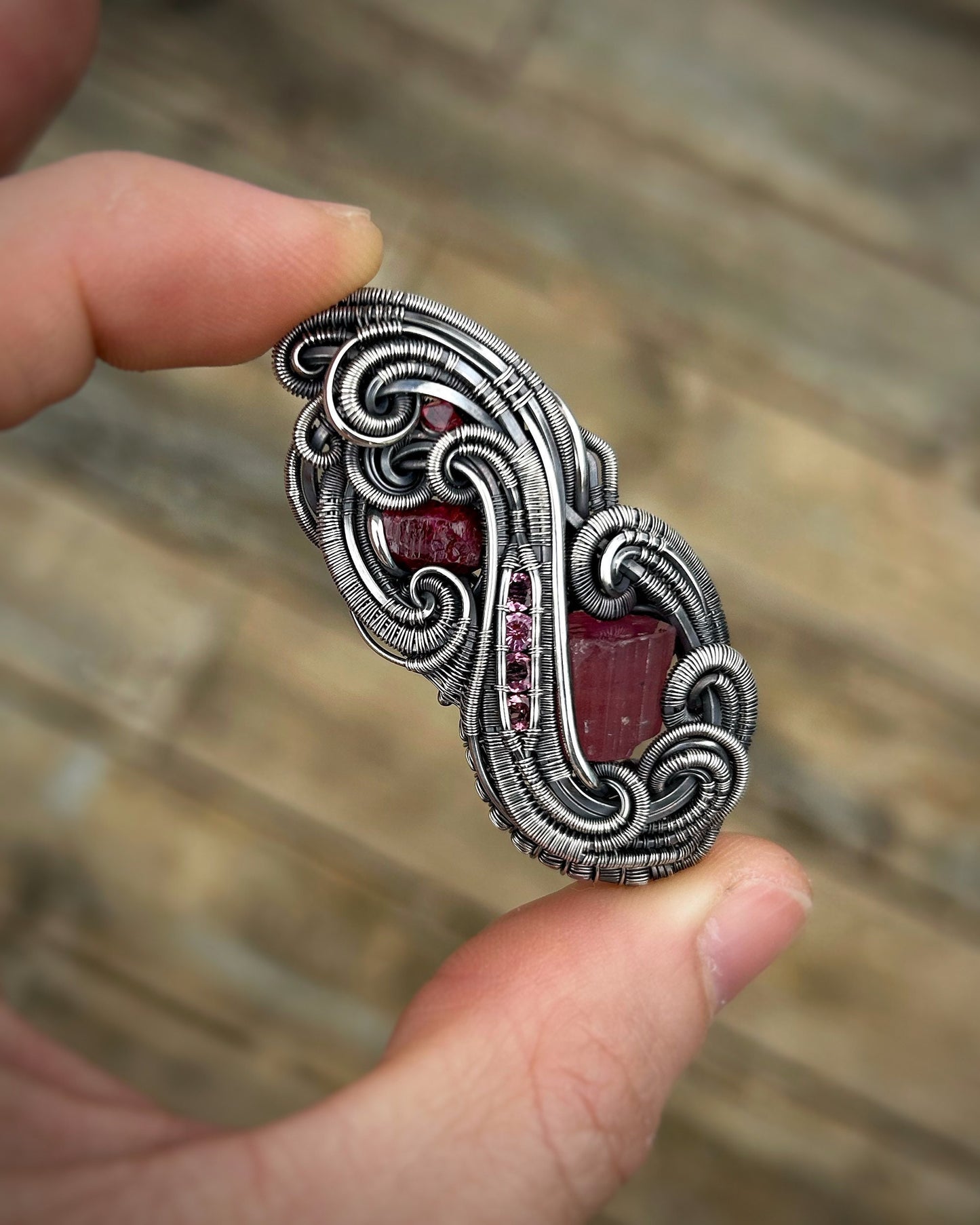 Pinky Red Jammer // Ruby // Pink Tourmaline // Oxidized Silver // Festival Jewelry // Spinel // Wire Wrapped Pendant // Flow // Sexy // Love