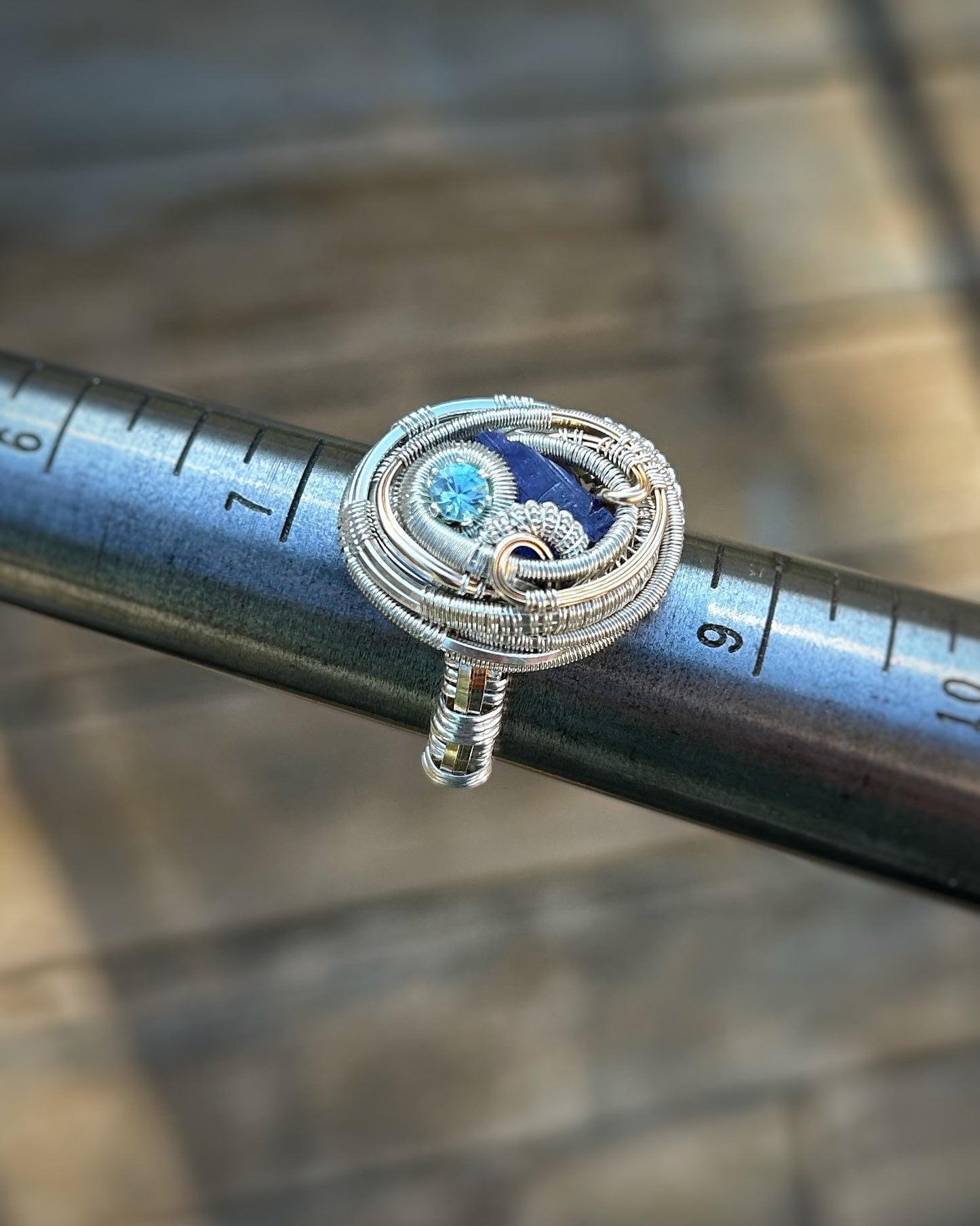Size 8 Ring // Tanzanite // Blue Zircon // Festival Jewelry // Mixed Metals // Wire Wrapped Ring // Handmade Wire Art // Wire Flow
