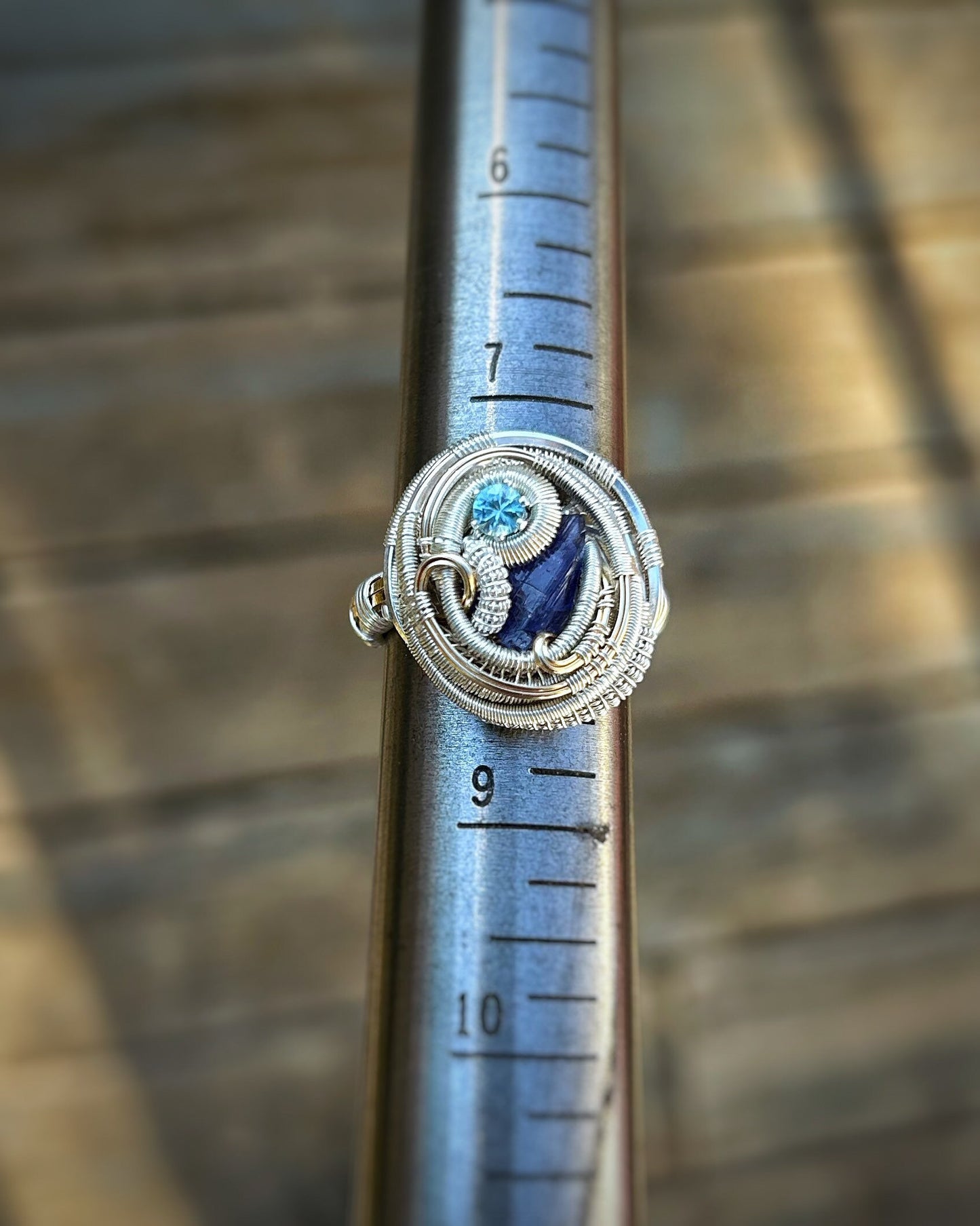 Size 8 Ring // Tanzanite // Blue Zircon // Festival Jewelry // Mixed Metals // Wire Wrapped Ring // Handmade Wire Art // Wire Flow