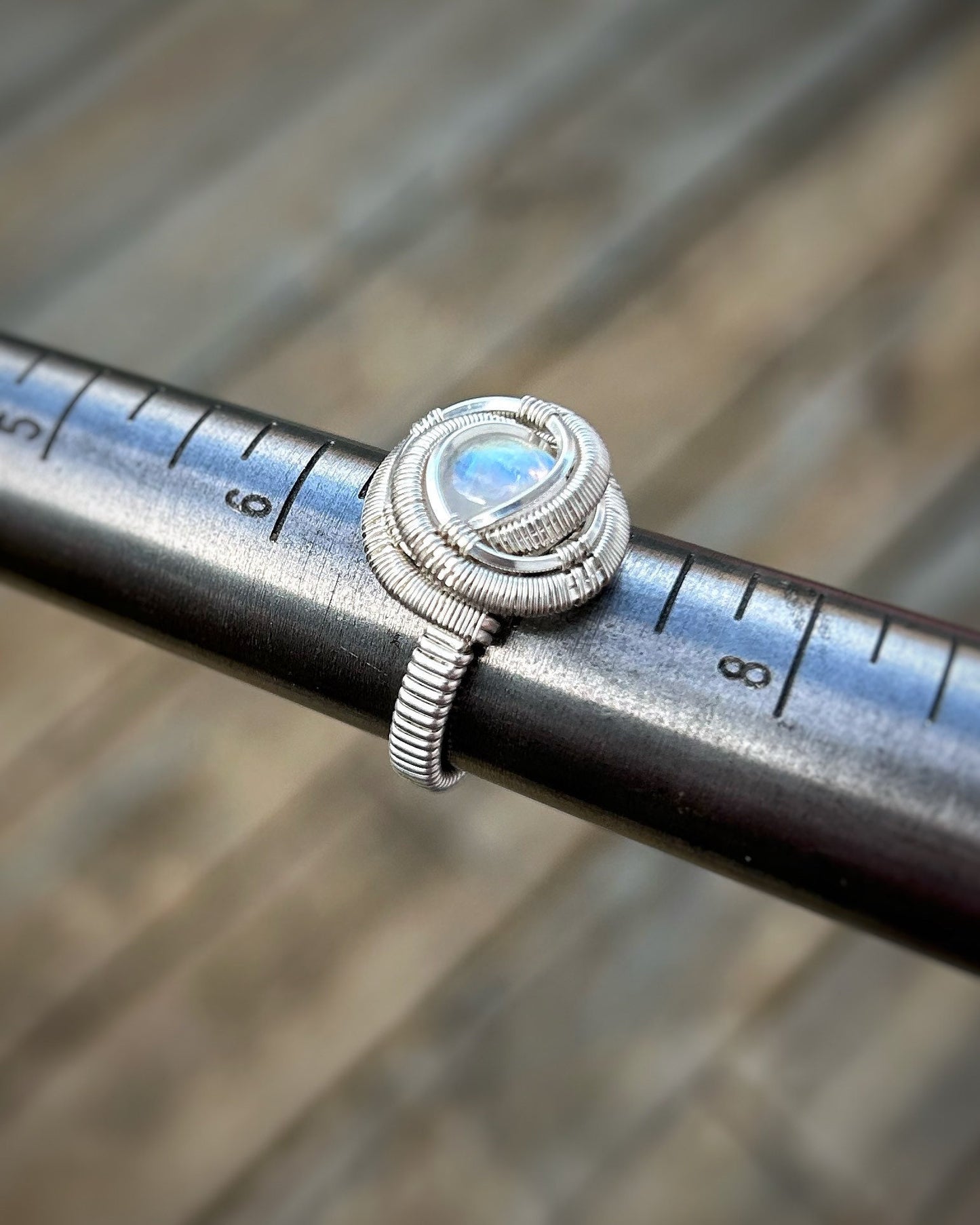 Rainbow Moonstone Ring // Size 7 // Sterling Silver // Festival Jewelry // Circular // Wire Wrapped Ring // Elegant