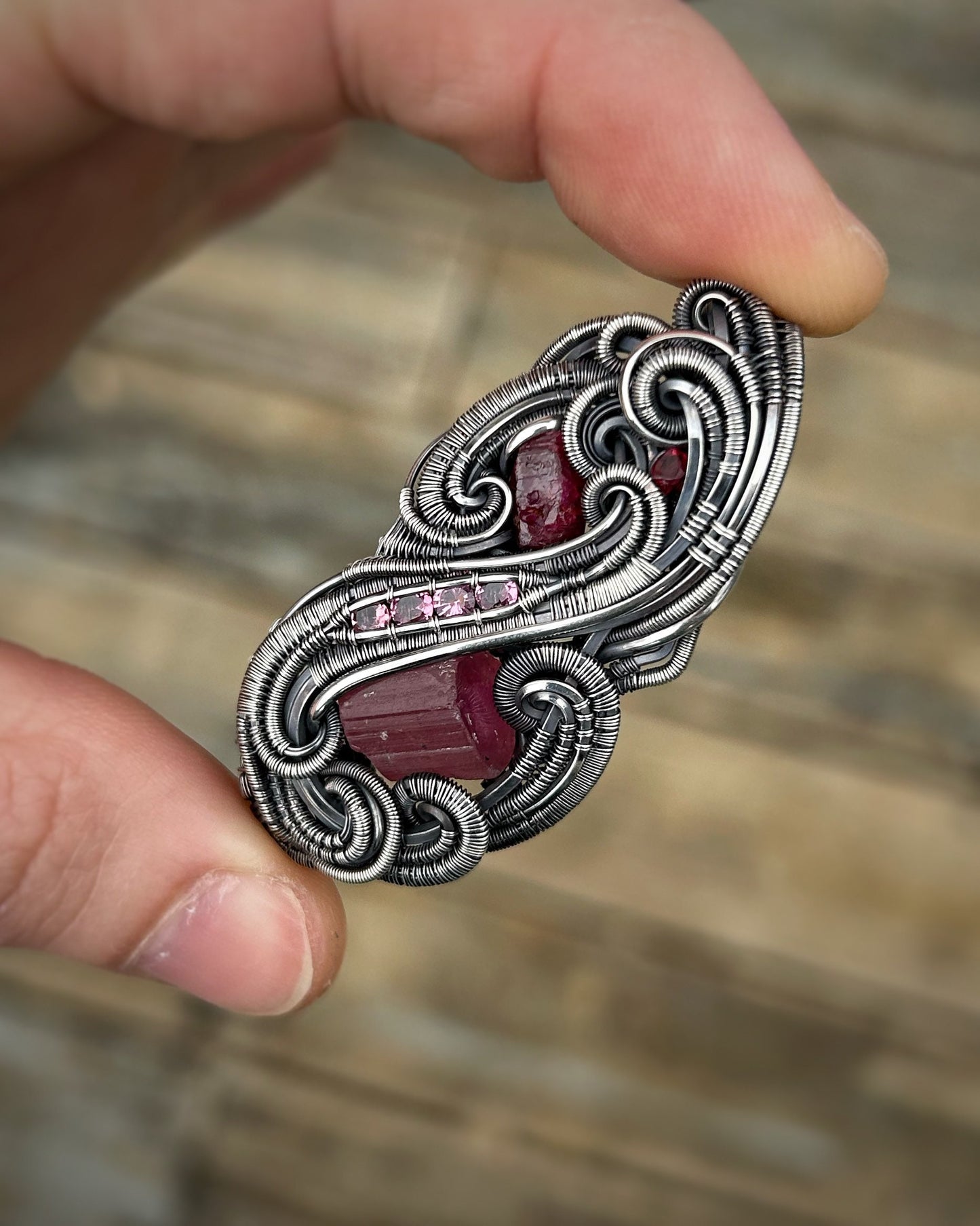 Pinky Red Jammer // Ruby // Pink Tourmaline // Oxidized Silver // Festival Jewelry // Spinel // Wire Wrapped Pendant // Flow // Sexy // Love
