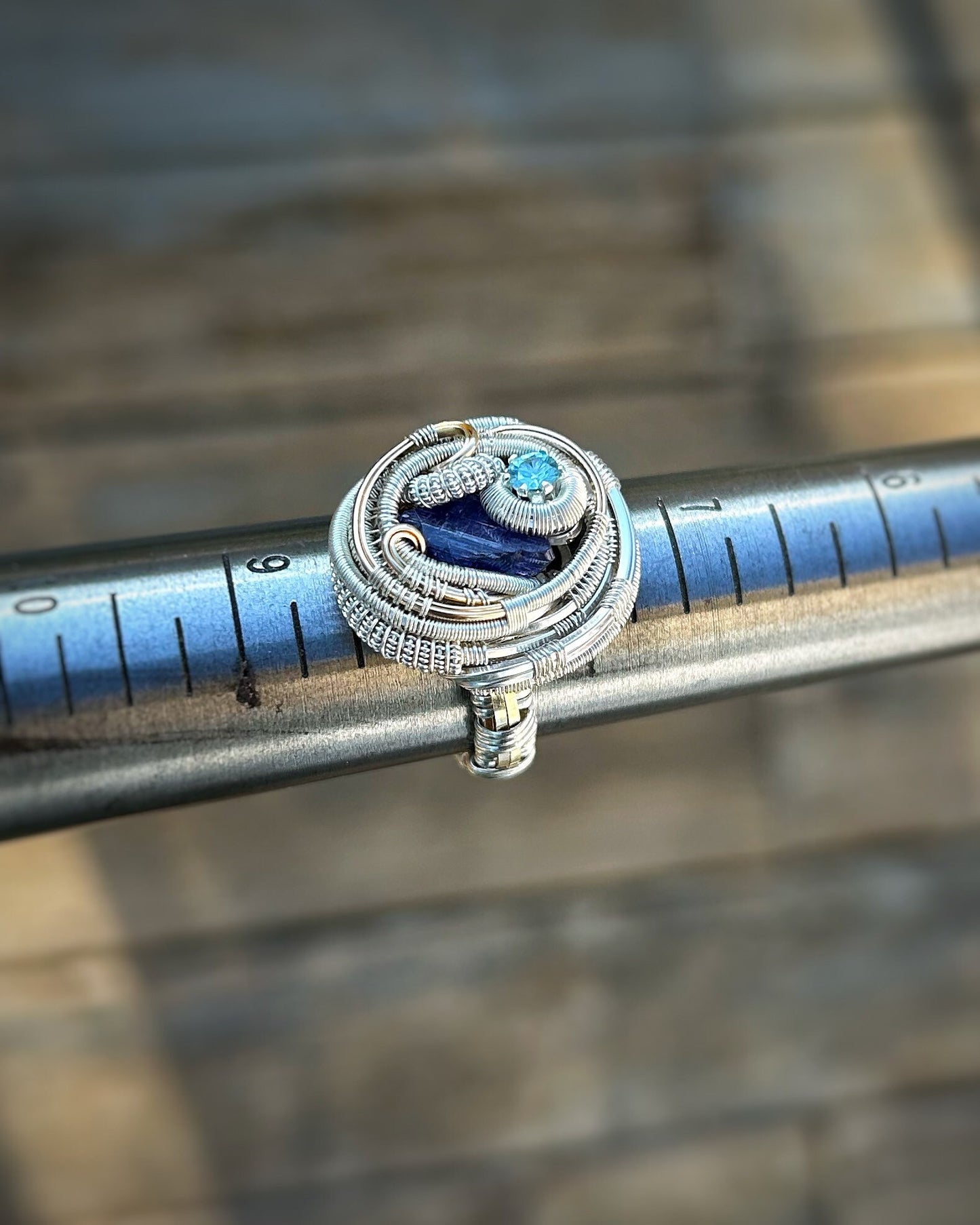 Size 8 Ring // Tanzanite // Blue Zircon // Festival Jewelry // Mixed Metals // Wire Wrapped Ring // Handmade Wire Art // Wire Flow