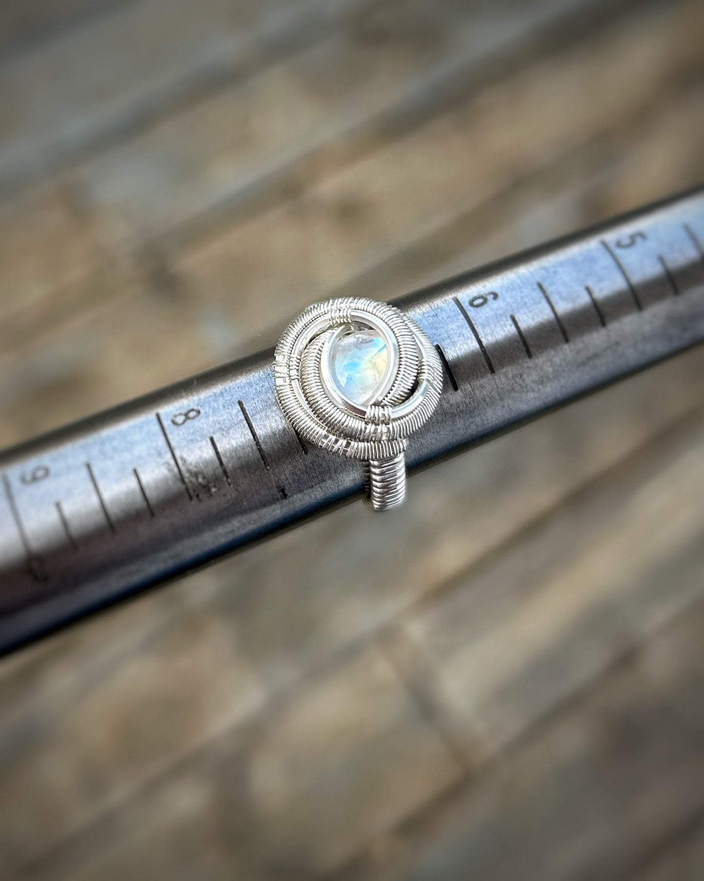 Rainbow Moonstone Ring // Size 7 // Sterling Silver // Festival Jewelry // Circular // Wire Wrapped Ring // Elegant