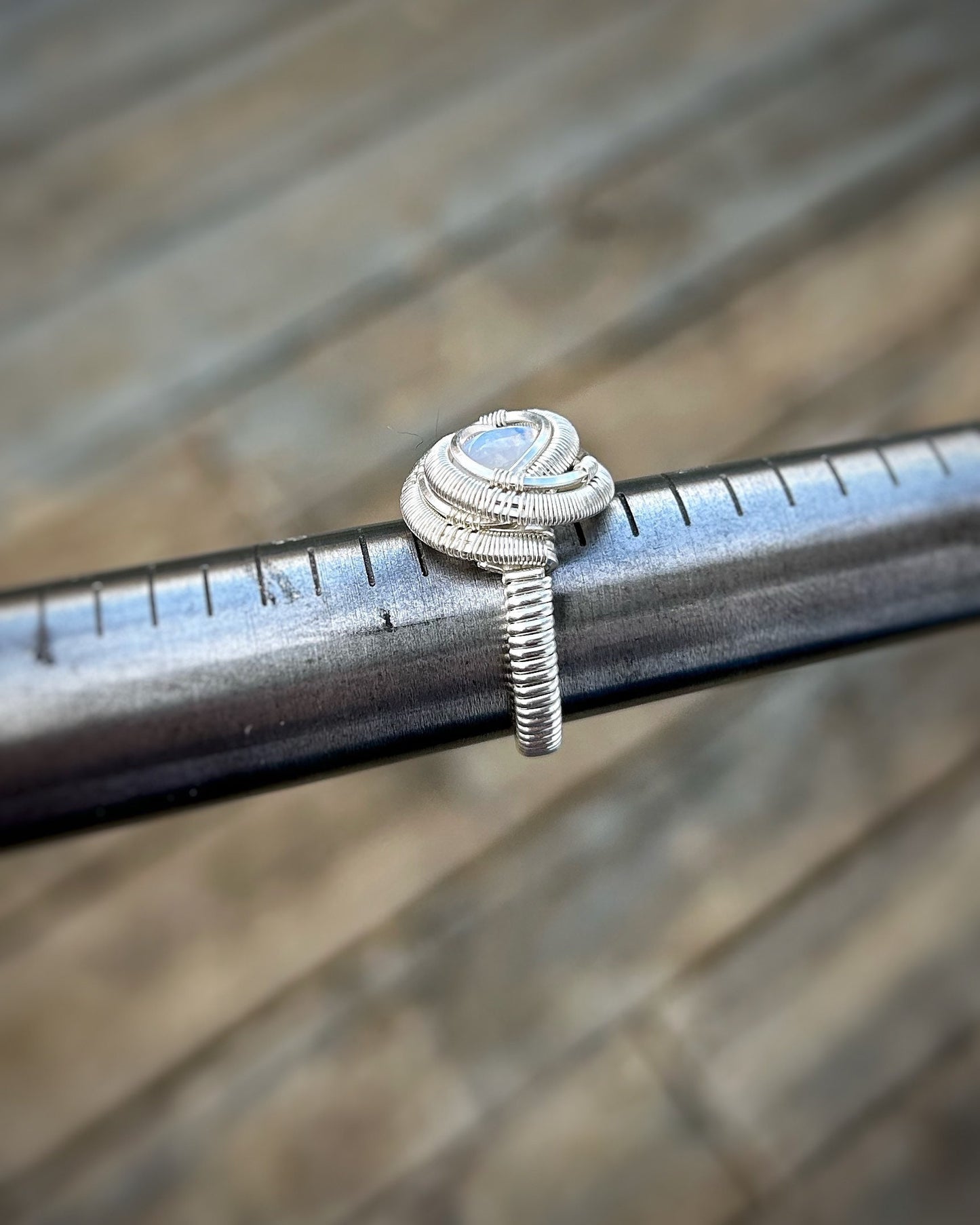 Rainbow Moonstone Ring // Size 7 // Sterling Silver // Festival Jewelry // Circular // Wire Wrapped Ring // Elegant
