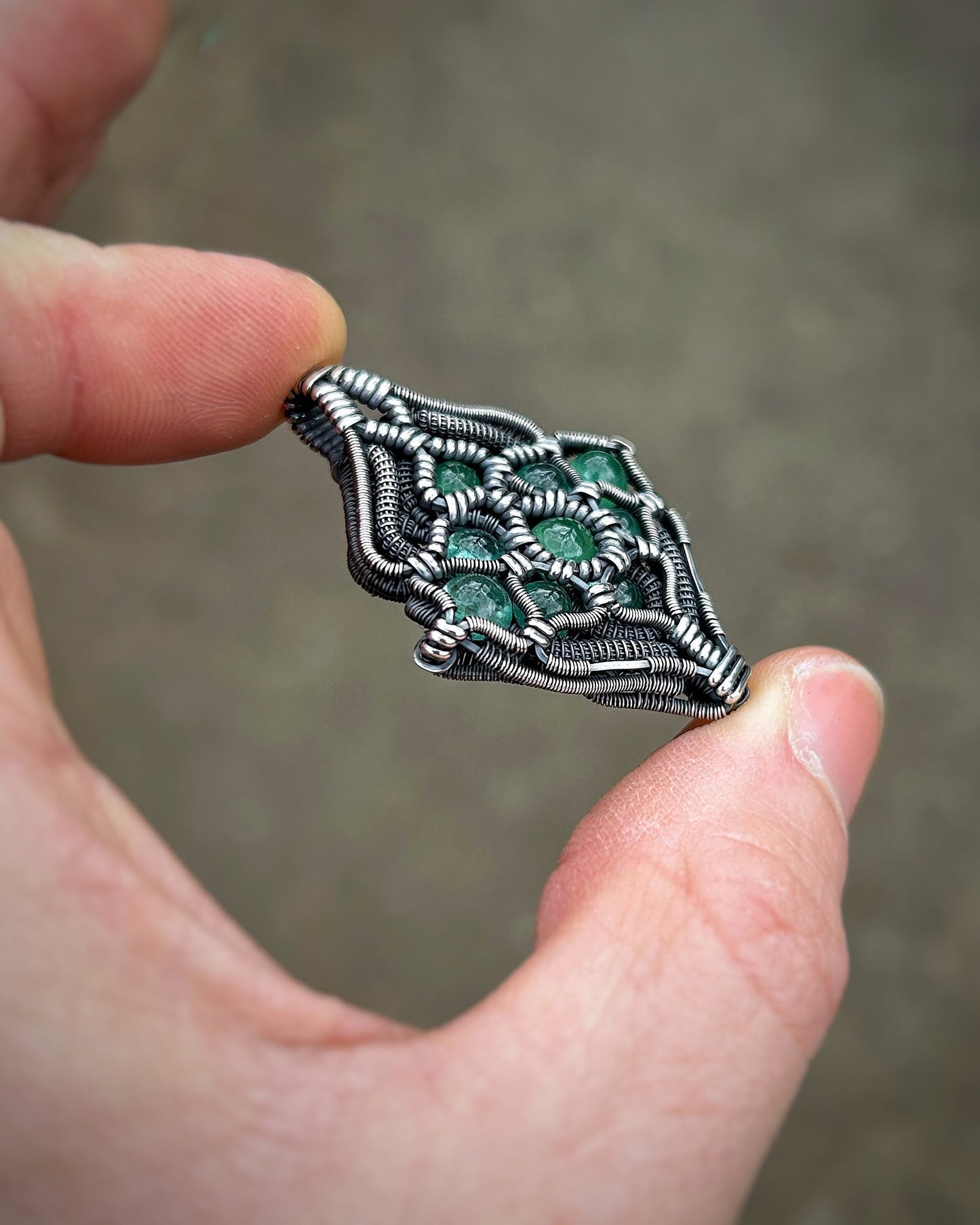 Emerald Medallion // Sacred Geometry // Pendant // Wire Wrap // Oxidized Silver // Festival Jewelry // Handmade // One of a Kind // Elegant