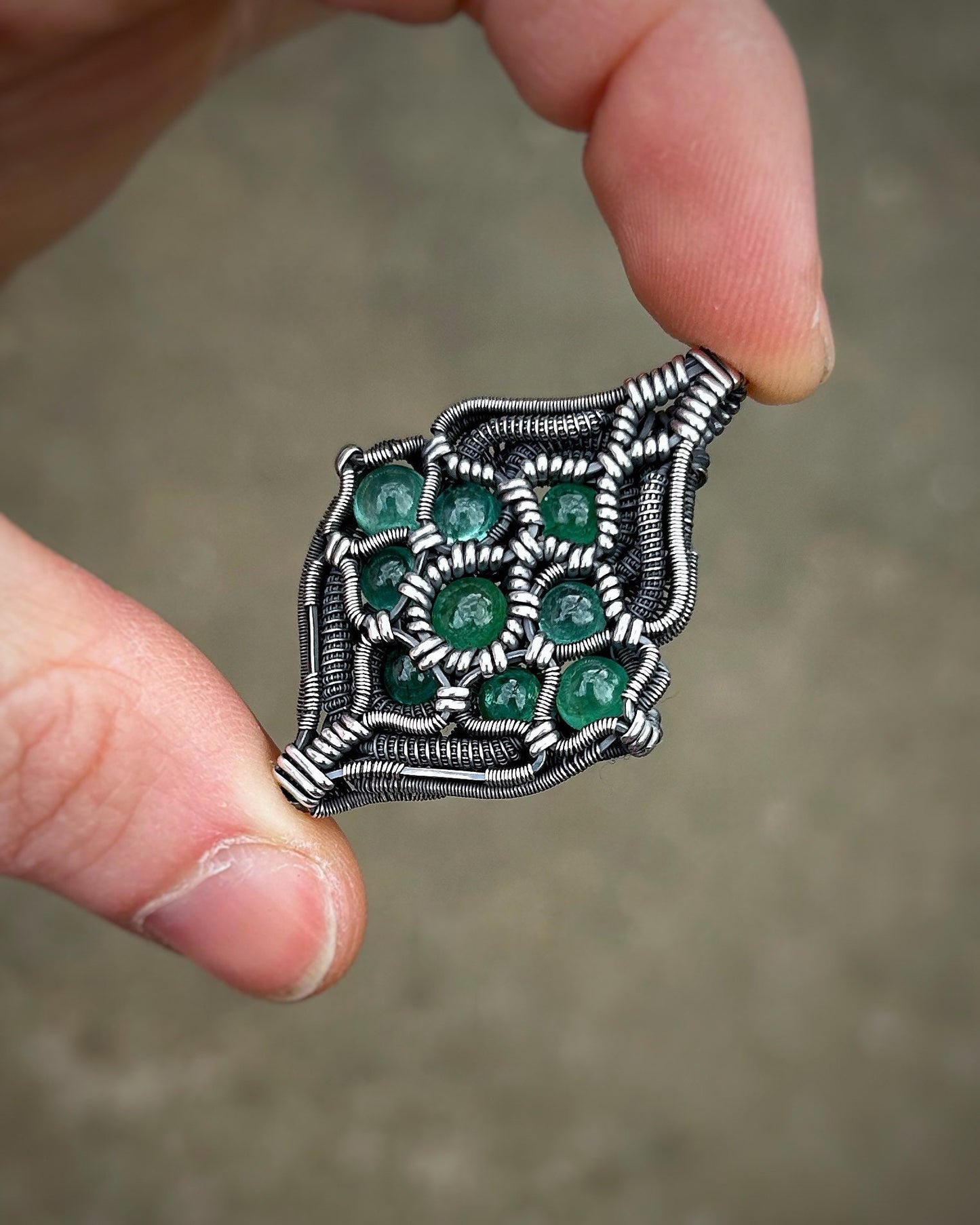 Emerald Medallion // Sacred Geometry // Pendant // Wire Wrap // Oxidized Silver // Festival Jewelry // Handmade // One of a Kind // Elegant