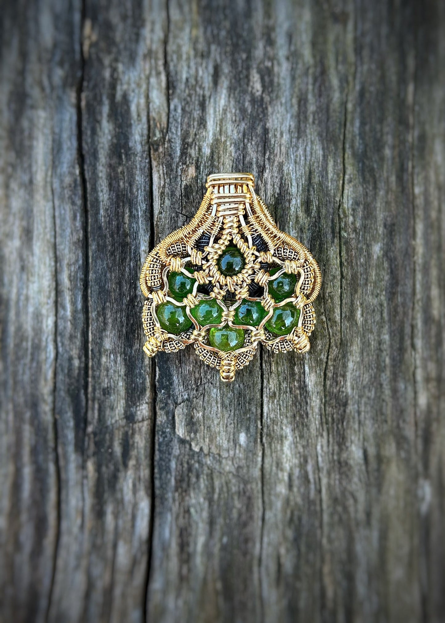 Tsavorite Garnets // Symmetrical Pendant // 14k goldfill // Festival Jewelry // Sacred Geometry // Handmade Wire Art // One of a Kind