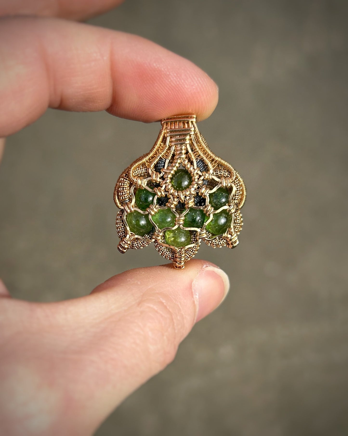 Tsavorite Garnets // Symmetrical Pendant // 14k goldfill // Festival Jewelry // Sacred Geometry // Handmade Wire Art // One of a Kind