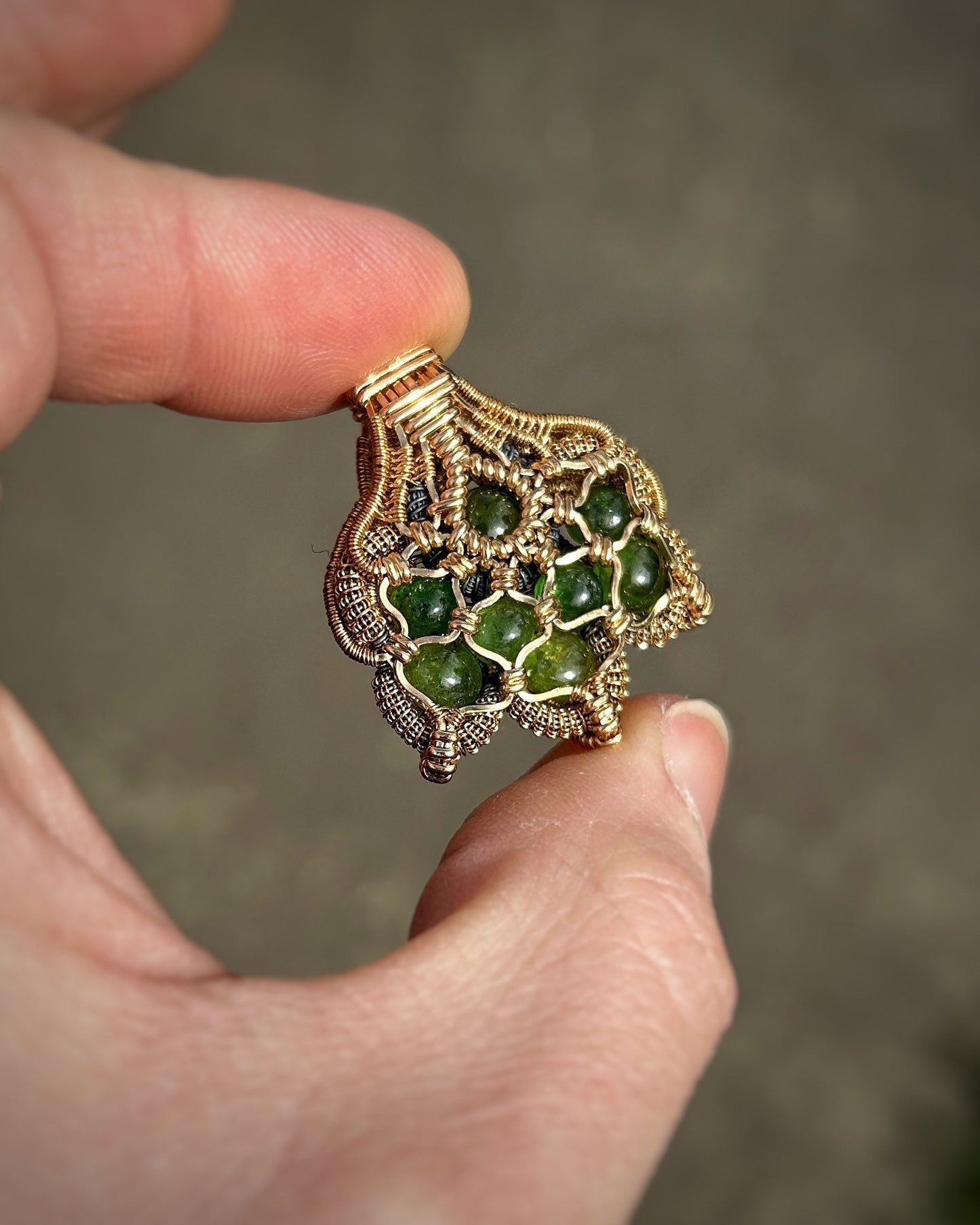 Tsavorite Garnets // Symmetrical Pendant // 14k goldfill // Festival Jewelry // Sacred Geometry // Handmade Wire Art // One of a Kind