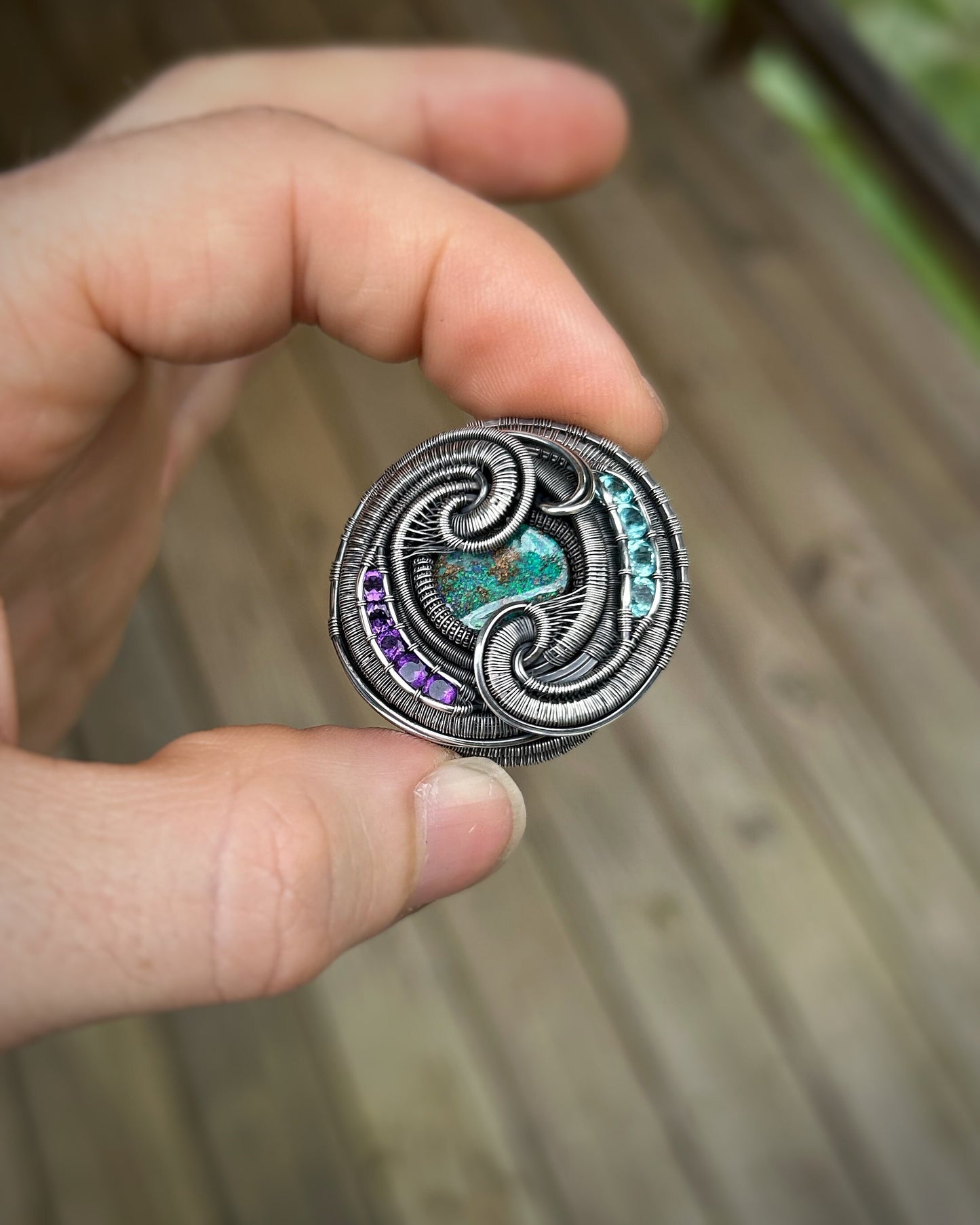 Circular Purple and Teal Pendant // Wire Wrap // Festival Jewelry // Oxidized Silver // Handmade // Australian Opal // Amethyst // Sexy Wrap