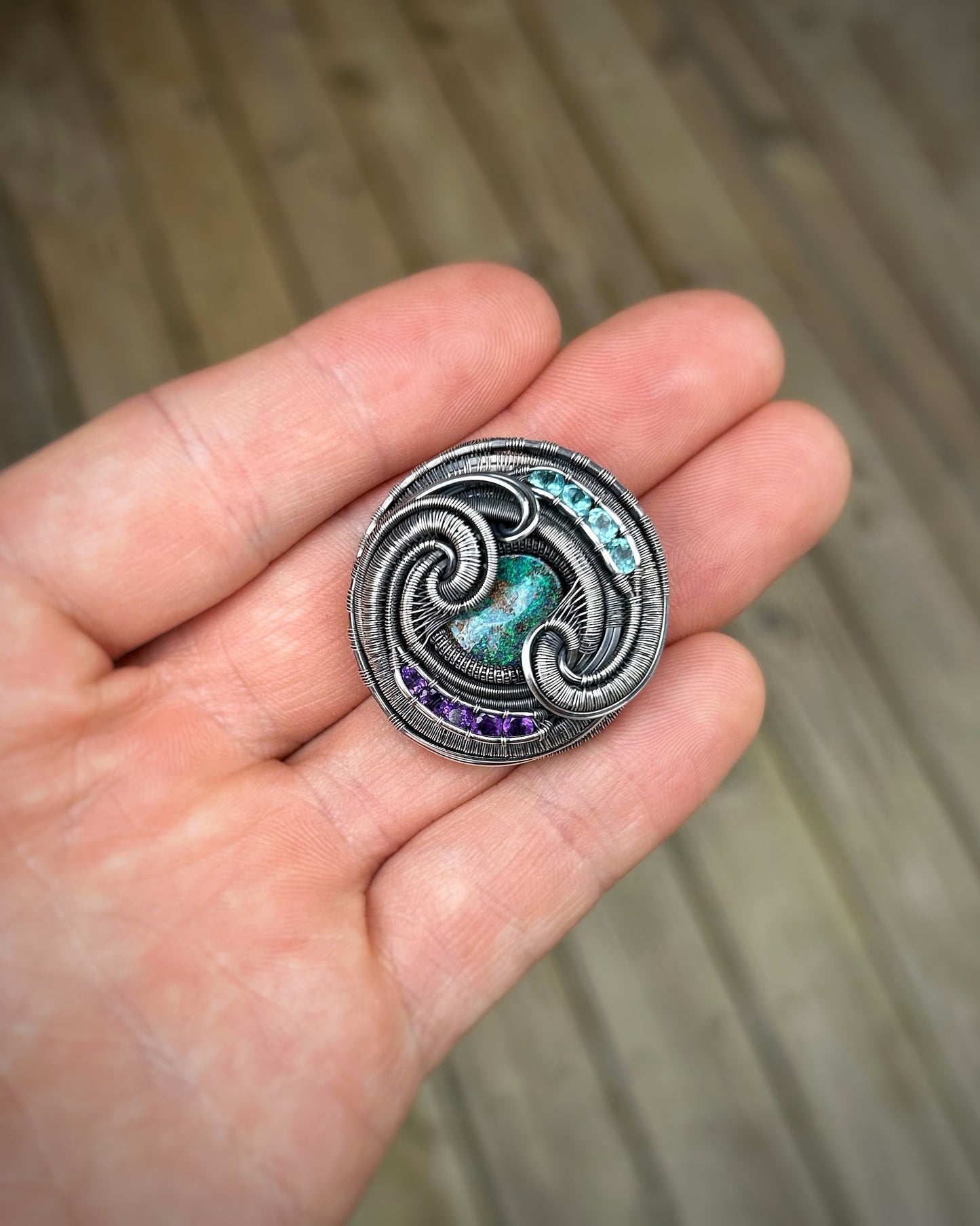 Circular Purple and Teal Pendant // Wire Wrap // Festival Jewelry // Oxidized Silver // Handmade // Australian Opal // Amethyst // Sexy Wrap