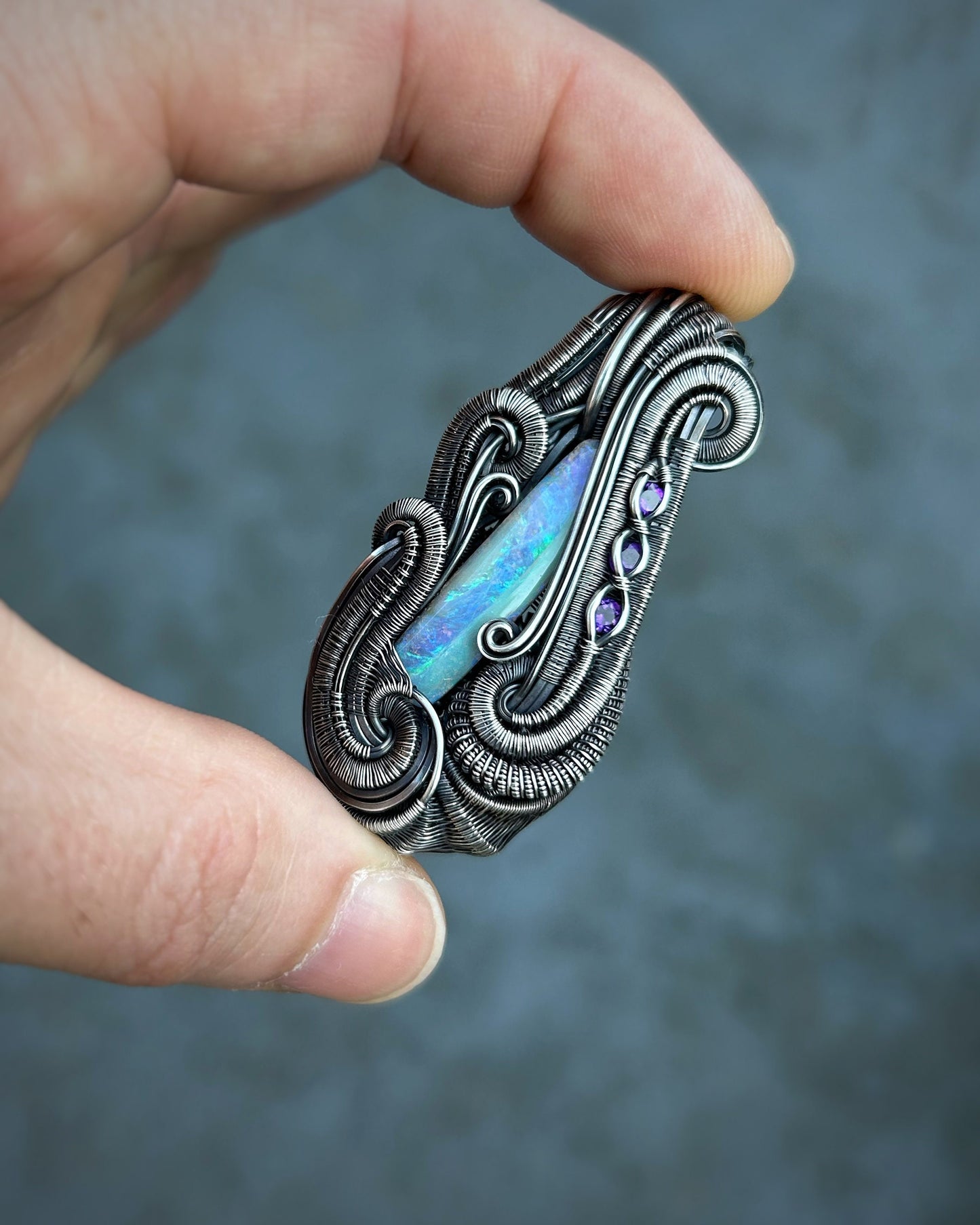 Australian Opal Pendant // Purple // Amethyst // Light Blue // Festival Jewelry // Oxidized Silver // Handmade Art // Wearable // Sexy