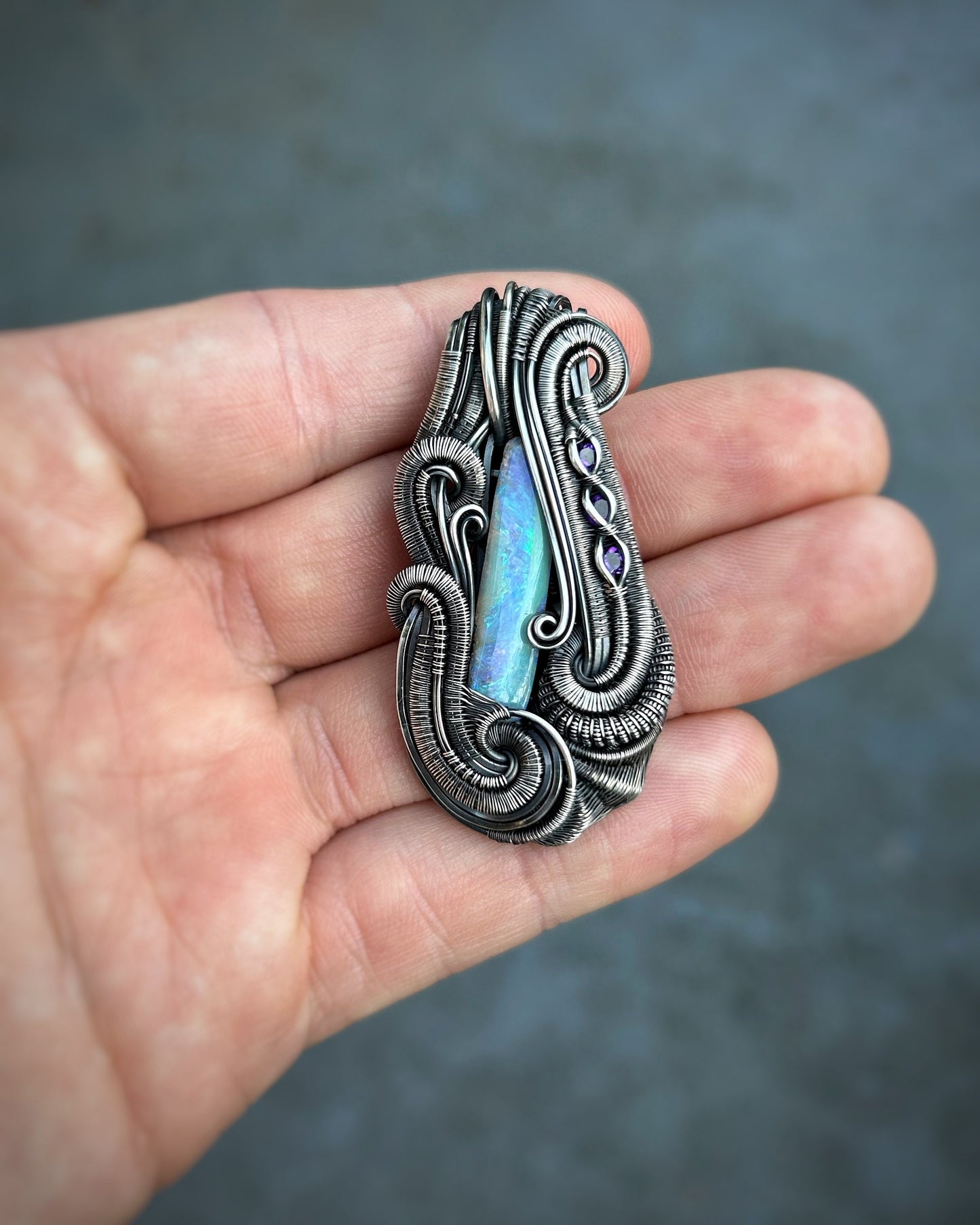 Australian Opal Pendant // Purple // Amethyst // Light Blue // Festival Jewelry // Oxidized Silver // Handmade Art // Wearable // Sexy