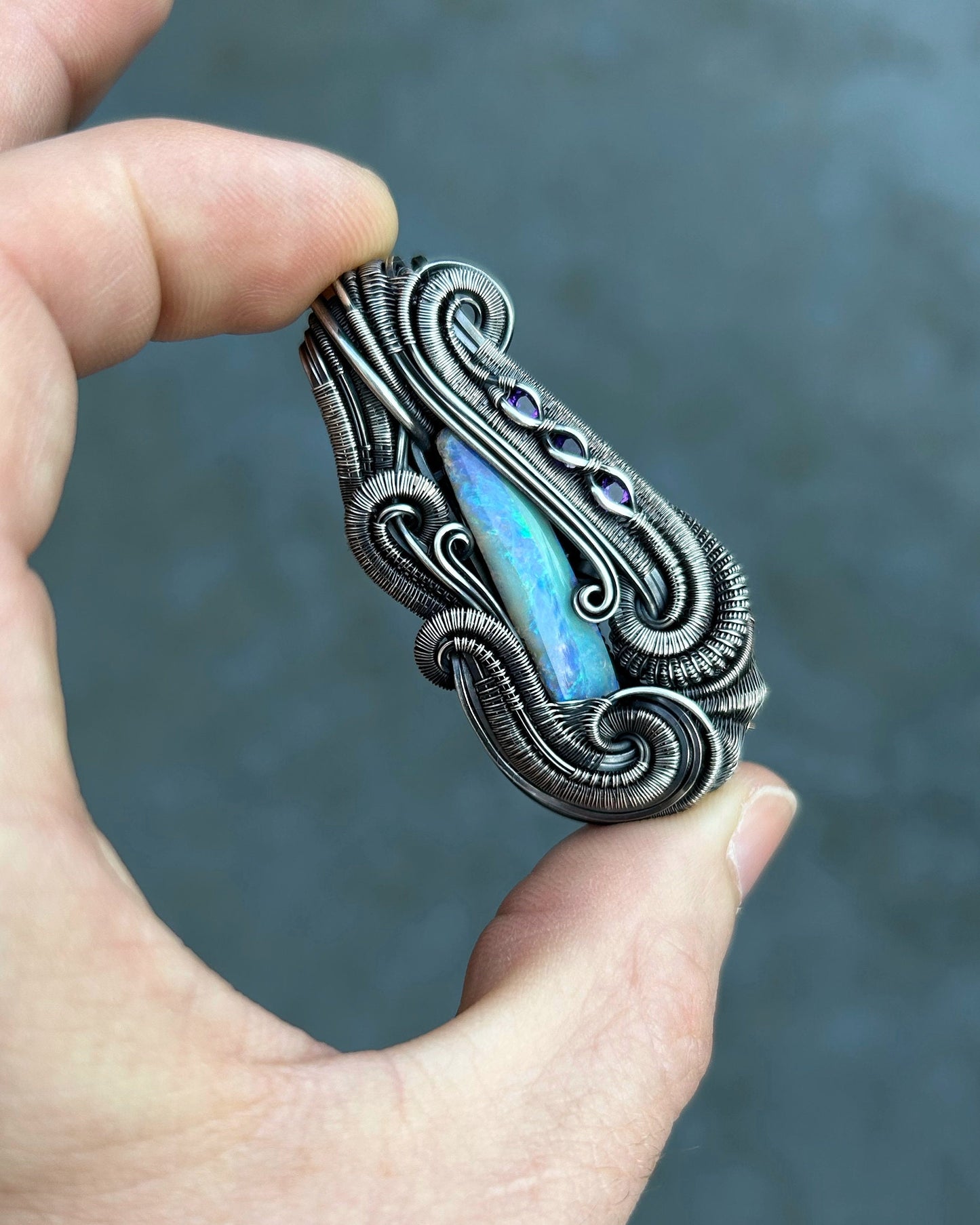 Australian Opal Pendant // Purple // Amethyst // Light Blue // Festival Jewelry // Oxidized Silver // Handmade Art // Wearable // Sexy