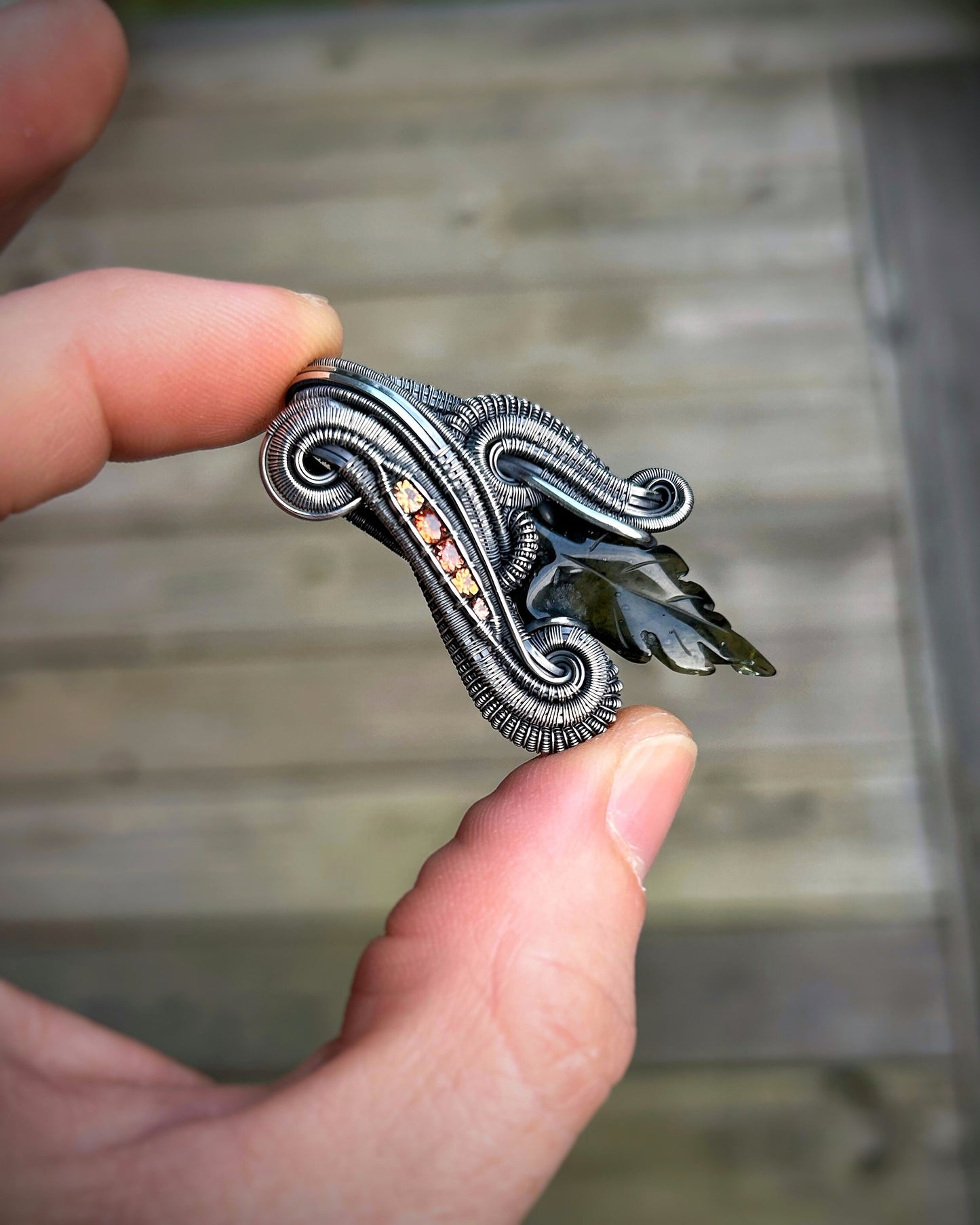 Moldavite Leaf Carving // Sapphires // Wire Wrapped Pendant // Oxidized Silver // Festival Jewelry // Autumnal // Handmade Wire Art // Flow