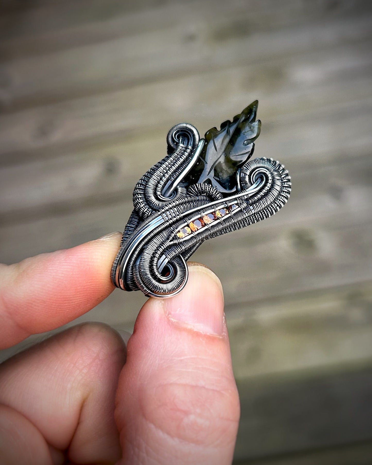 Moldavite Leaf Carving // Sapphires // Wire Wrapped Pendant // Oxidized Silver // Festival Jewelry // Autumnal // Handmade Wire Art // Flow