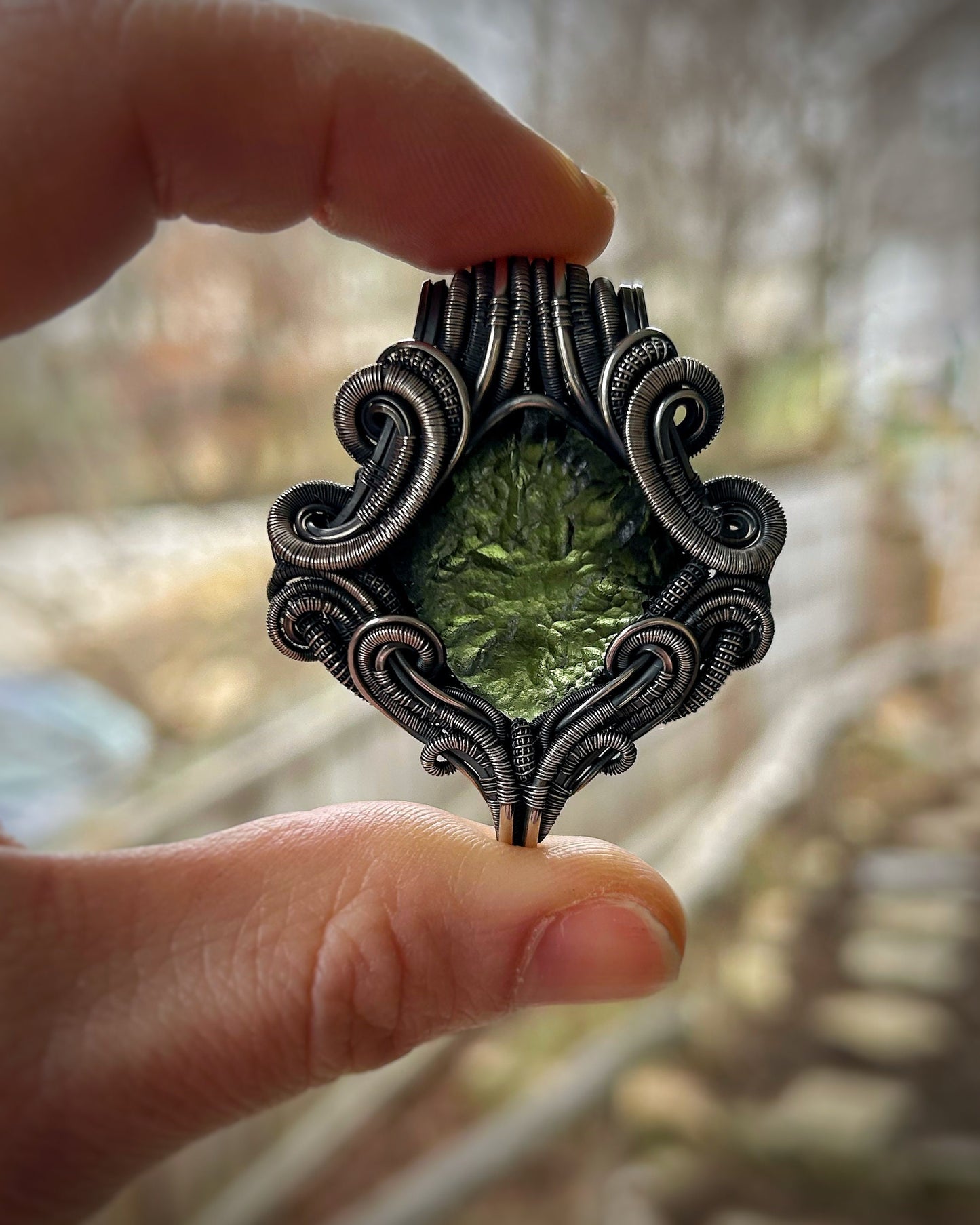 Moldavite Pendant // Symmetrical // Wire Wrap // Festival Jewelry // Moldavite Family // Oxidized Silved // Handmade Wire Art // Organic
