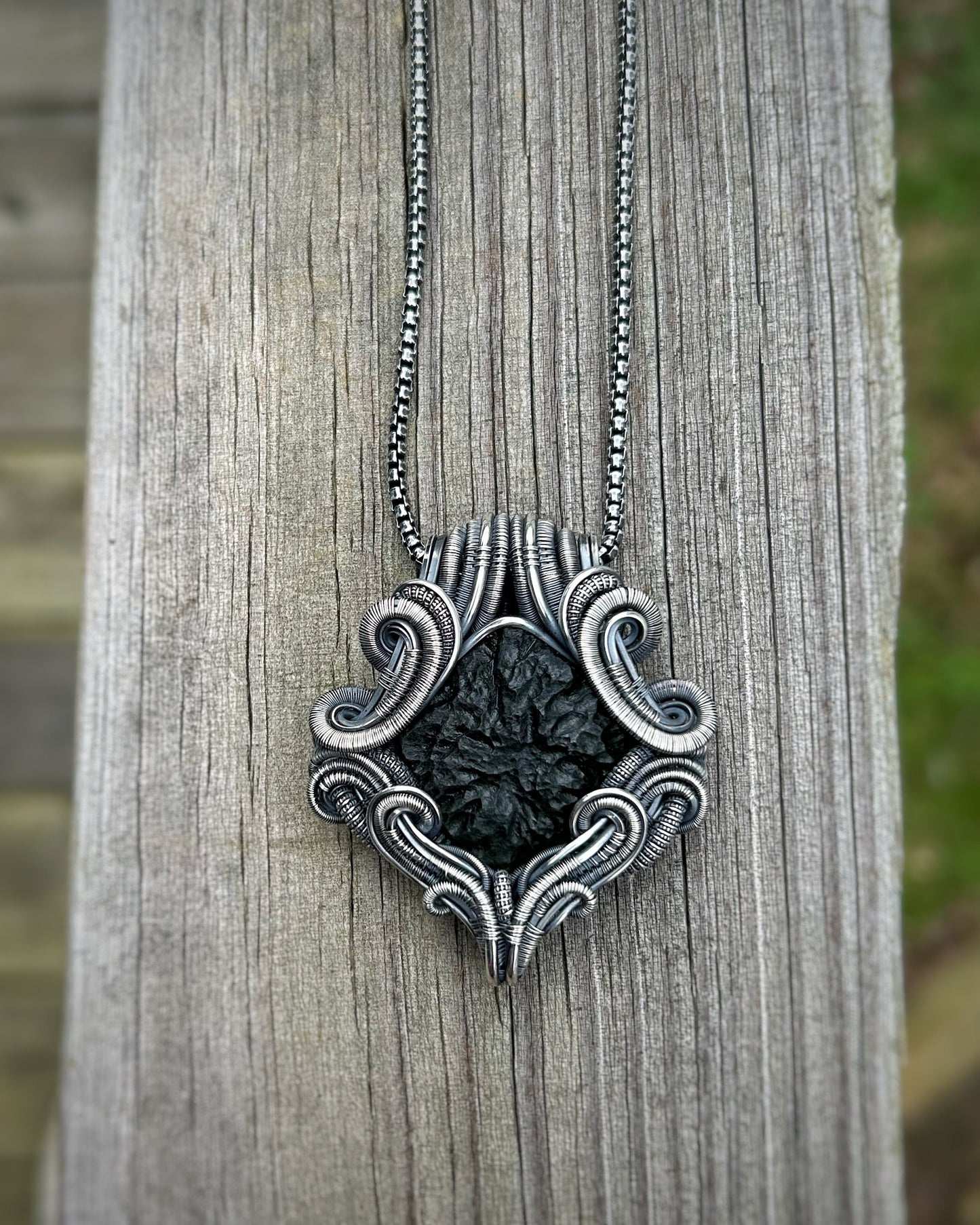 Moldavite Pendant // Symmetrical // Wire Wrap // Festival Jewelry // Moldavite Family // Oxidized Silved // Handmade Wire Art // Organic